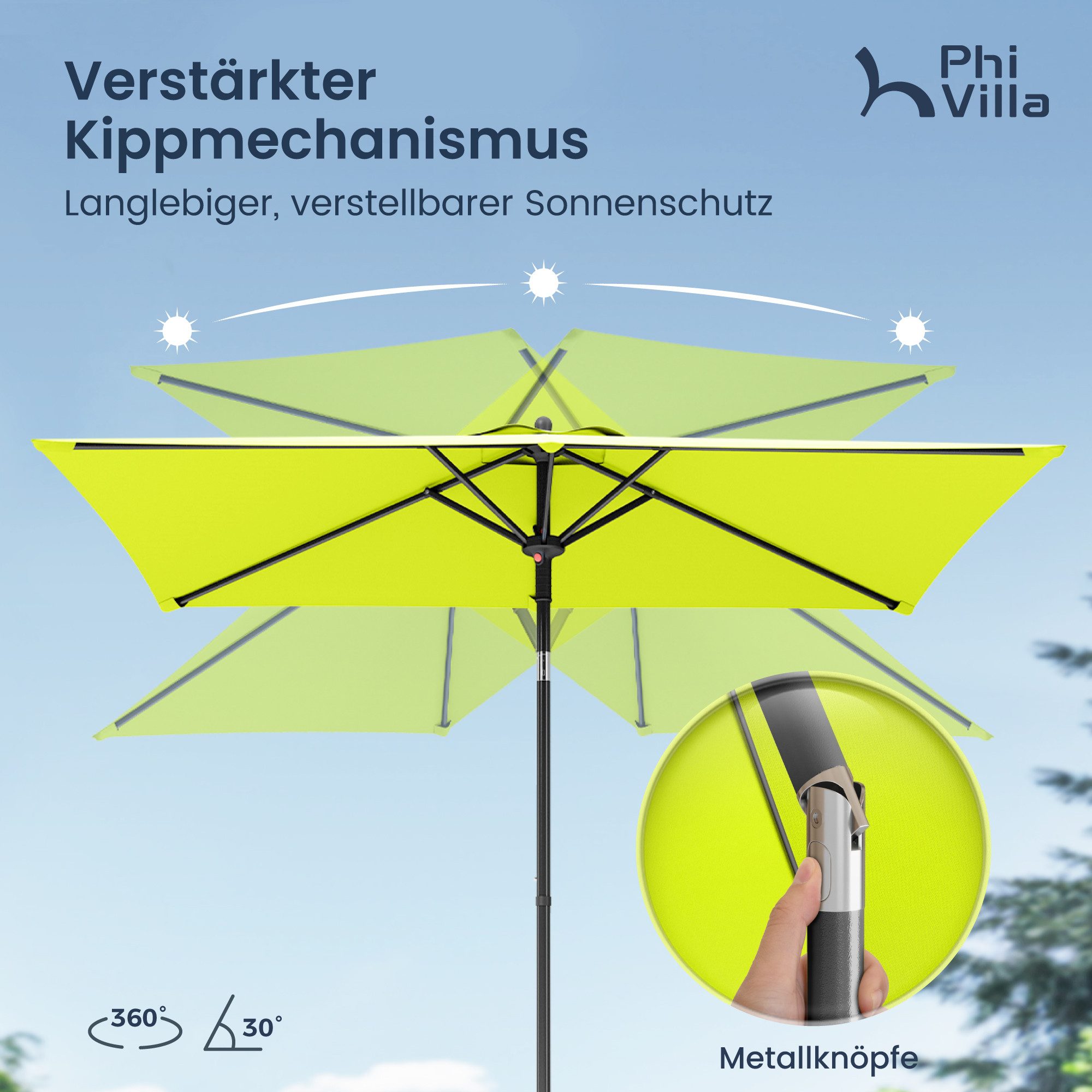 PHI VILLA Sonnenschirm, LxB: 210x130 cm, Regenschirm Eckig mit Klemme für Balkon, Gartenschirm Kippbar Windfest Stabil zum Mitnehmen UV50+ Schutz