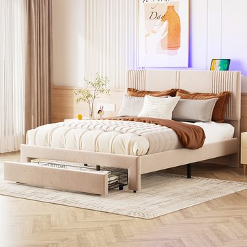 MODFU Polsterbett Doppelbett mit Lichtleiste und USB-Buchse, smat (Rückenlehne und großer Schublade, geeignet für Erwachsene und Jugendliche 140 x 200cm), ohne Matratze