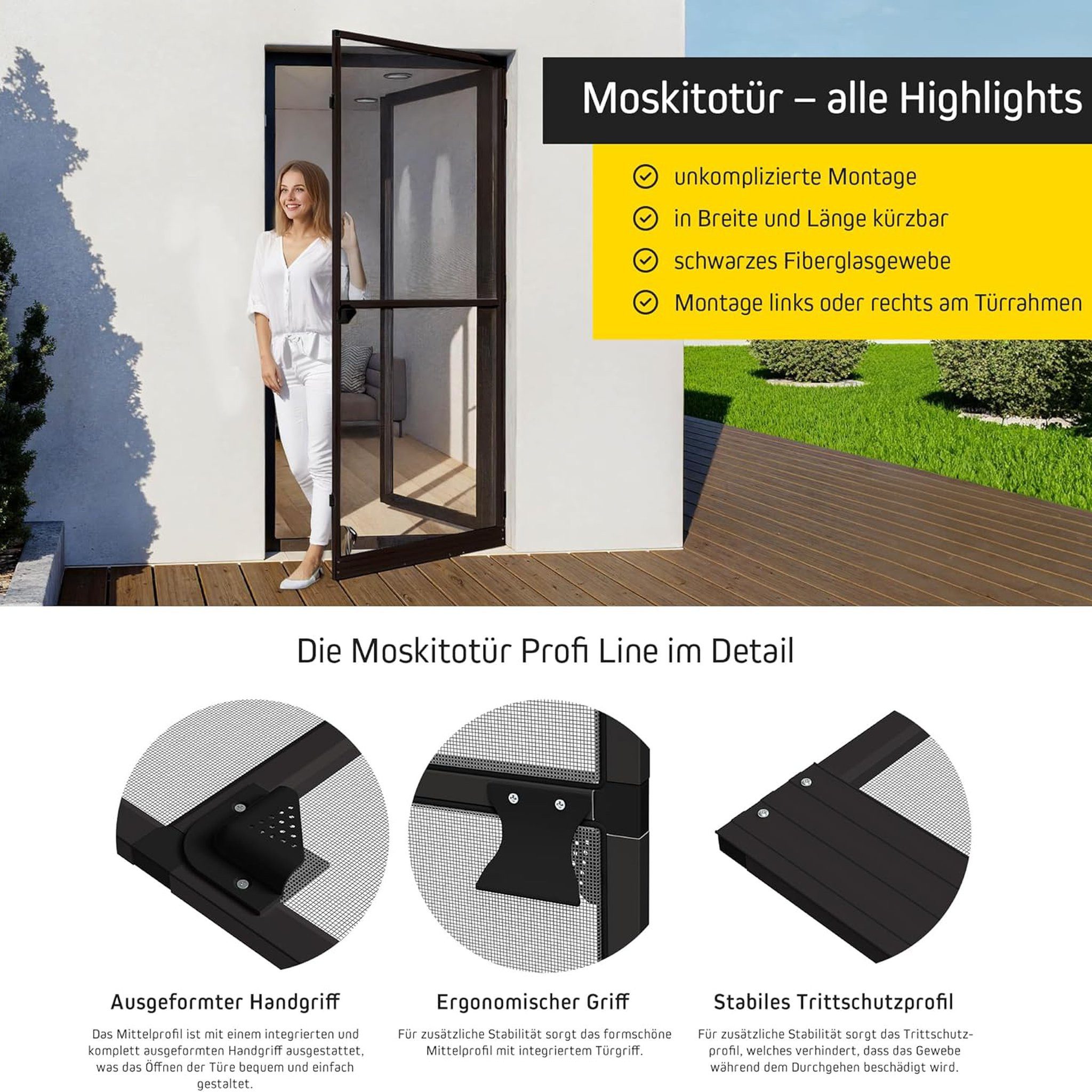 jalousiescout Insektenschutz-Tür Fliegengitter Tür Balkontür mit Rahmen 100x210 Aluminium Braun, (1-St), leichte Reinigung, nahezu freie Sicht, ProtectLine