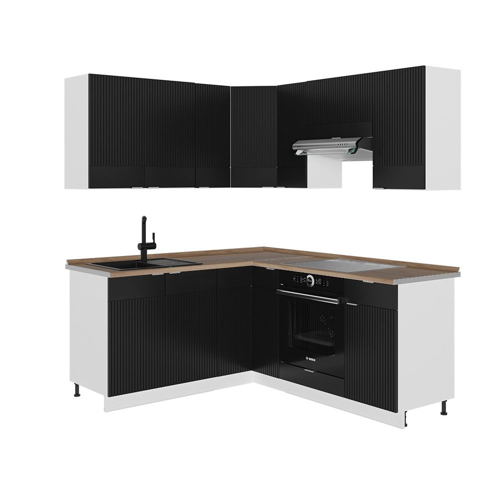 Vicco Winkelküche Fame-Line, Schwarz gestreift/Weiß/Weiß, 160 x 190 cm, AP Eiche