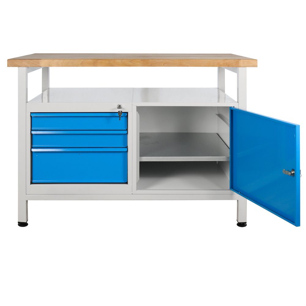 3 Ablagefläche Rhino Tür, 1 Werkbank mit PROREGAL® Lichtblau Schubladen + Grau/Blau + Werkbank