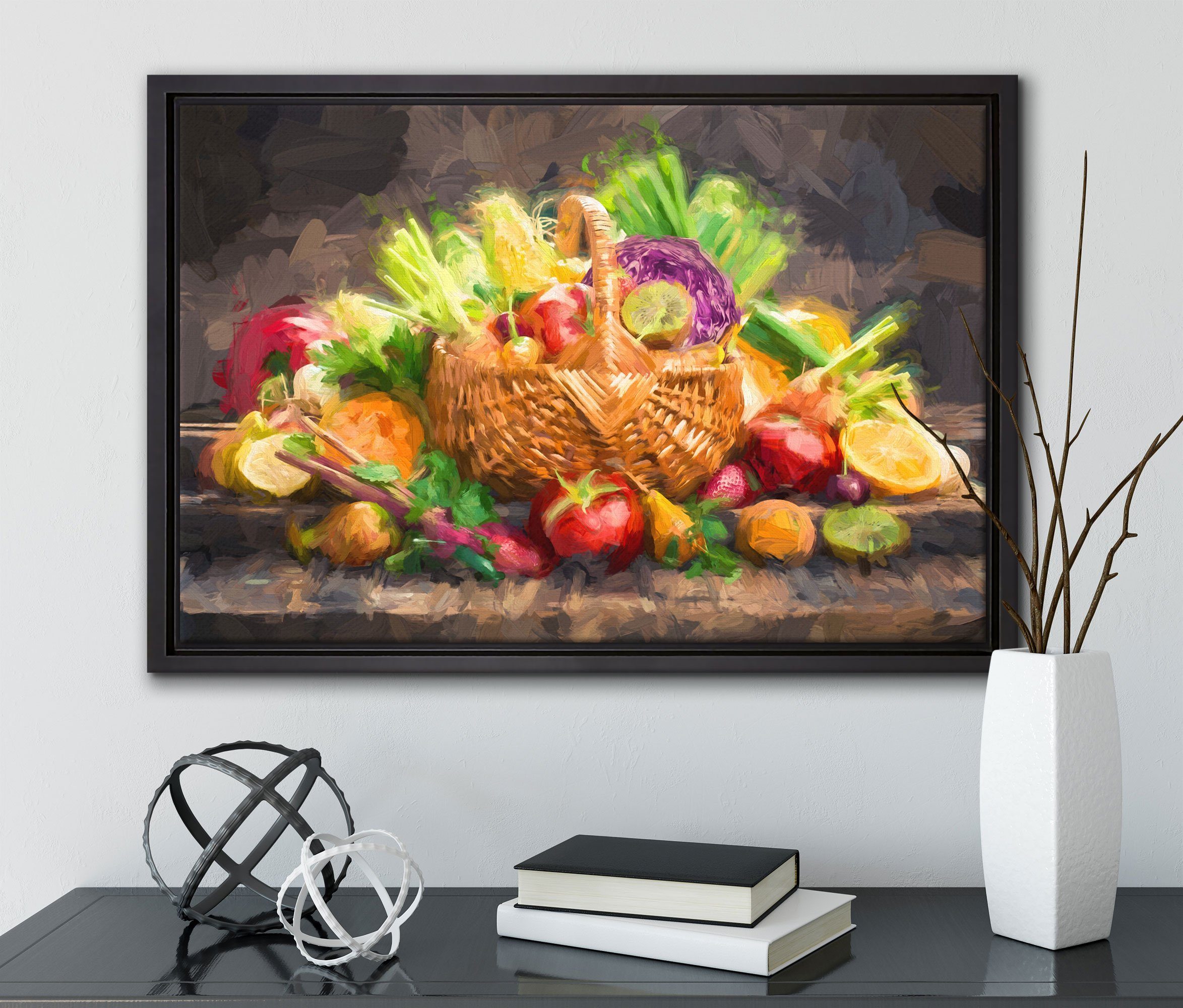 Pixxprint Leinwandbild Obst und Gemüse St), gefasst, einem Leinwandbild in Zackenaufhänger Korb, Schattenfugen-Bilderrahmen Wanddekoration (1 fertig im inkl. bespannt