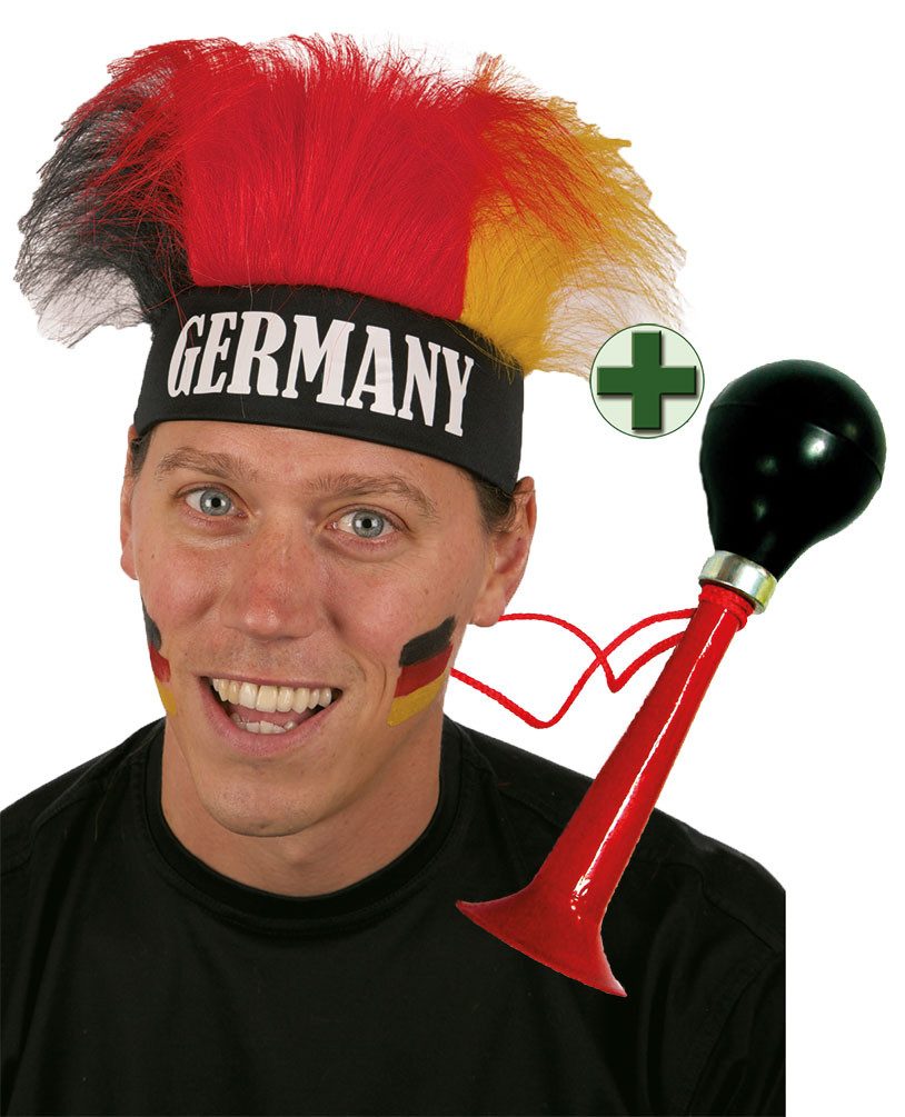 Karneval-Klamotten Kostüm EM Perücke mit Fußball-Tröte Deutschland, Deutschland Fußball EM 2024 Fan Artikel Set Europameisterschaft