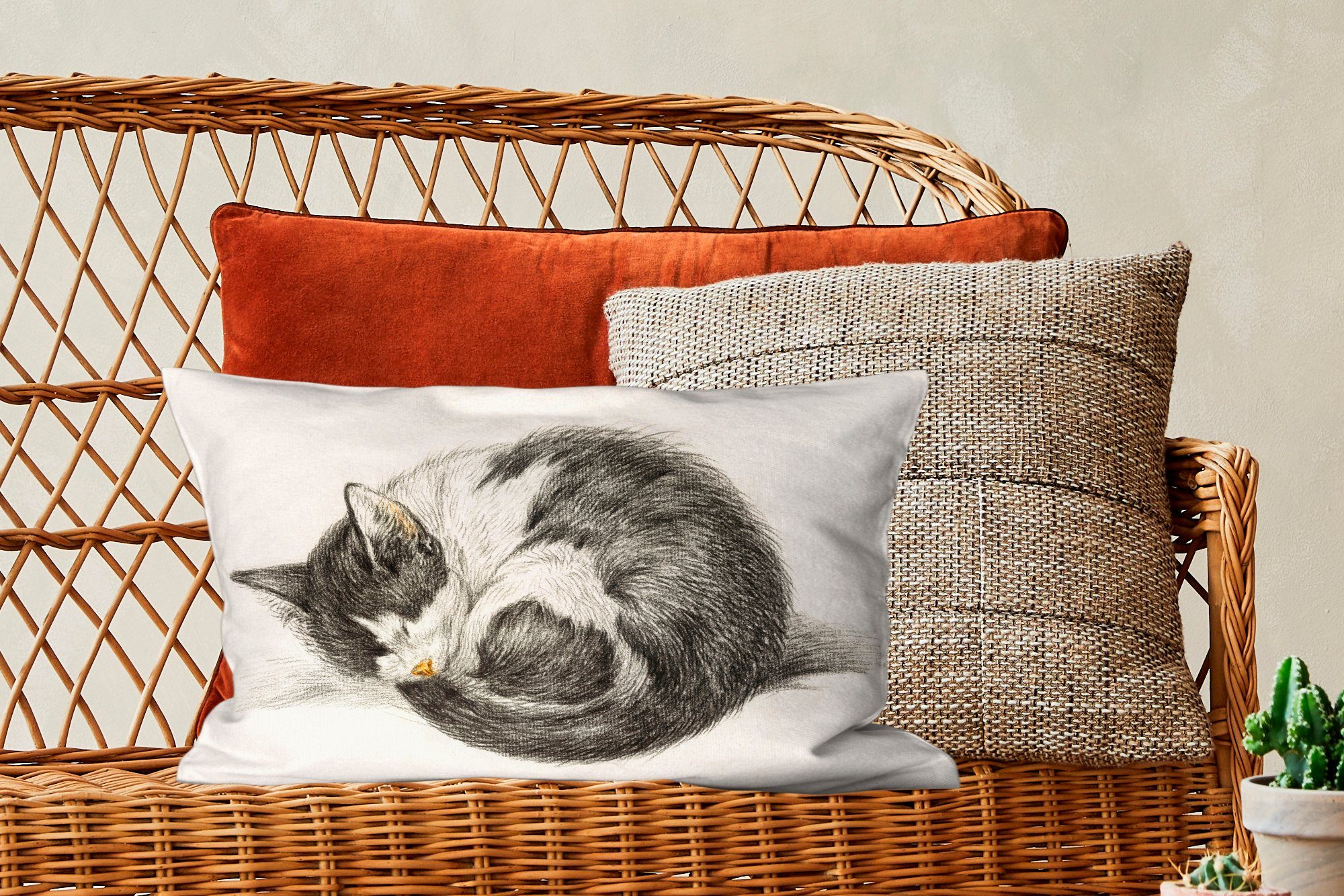 Jean Wohzimmer Schlafzimmer Dekoration, Dekokissen zusammengerollt Bernard, von Schlafende - Katze Zierkissen, Gemälde mit Füllung, Dekokissen MuchoWow