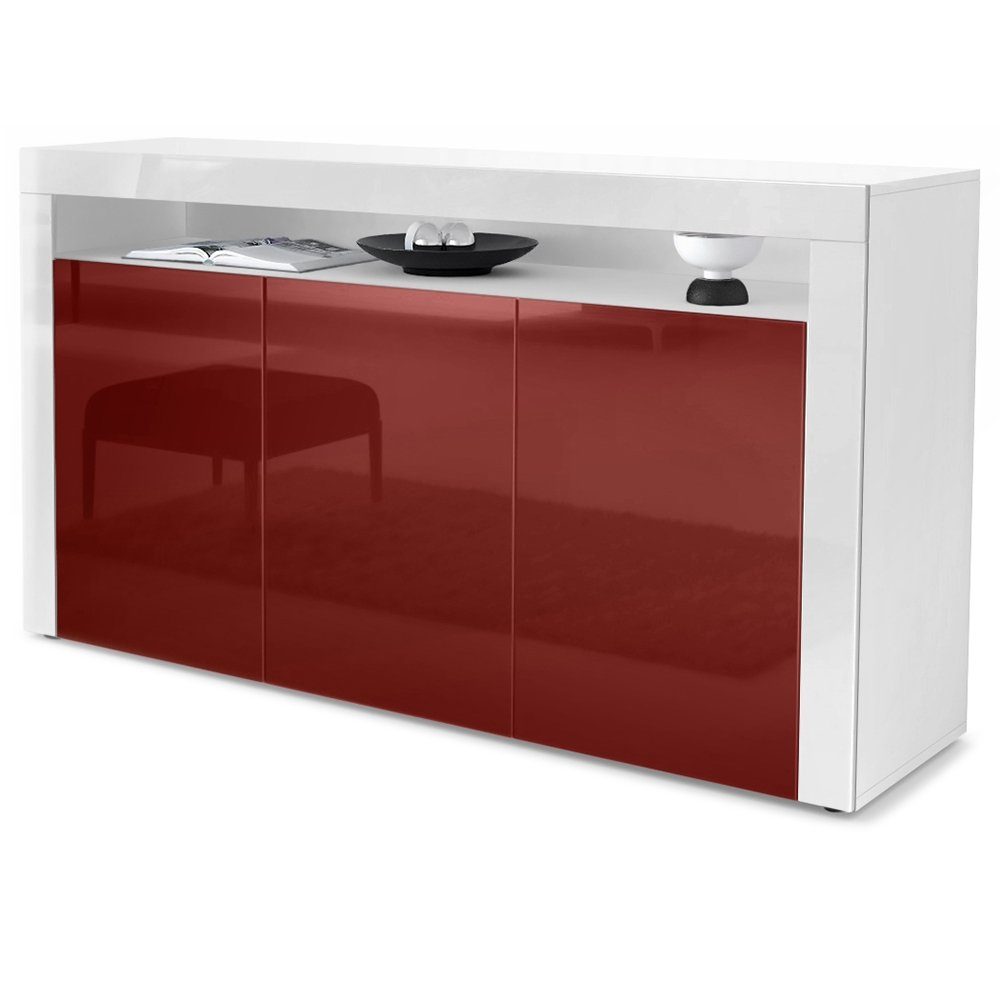 Vladon Sideboard Valencia (Sideboard, mit 3 Двери und 1 offenem Fach), Weiß matt/Bordeaux Hochglanz/Weiß Hochglanz (155 x 92 x 40 cm)