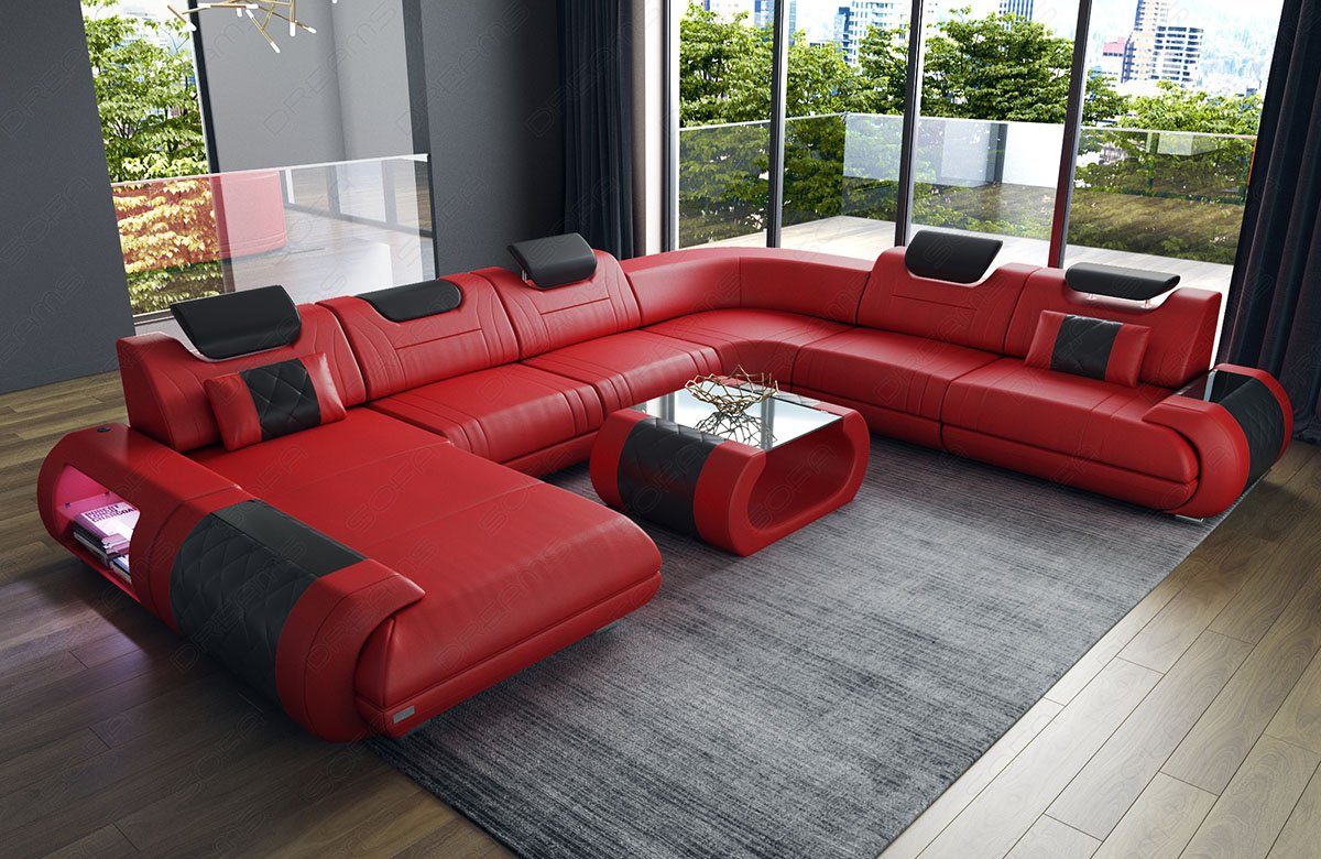 Sofa Dreams Wohnlandschaft Sofa Ledercouch Leder Rimini XXL U Form Ledersofa, Couch, mit LED, wahlweise mit Bettfunktion als Schlafsofa, Designersofa
