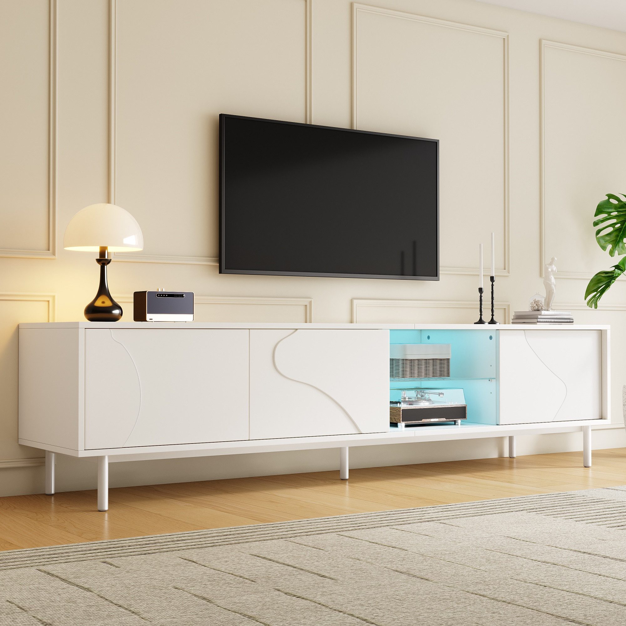 Merax Lowboard mit LED-Beleuchtung per App steuerbar (180 x 40 x 45 cm (L x B x H), 1 St., Fernsehtisch), TV-Schrank mit 3 Schiebetüren, Glasboden, Kabelmanagement & Stahlfüße