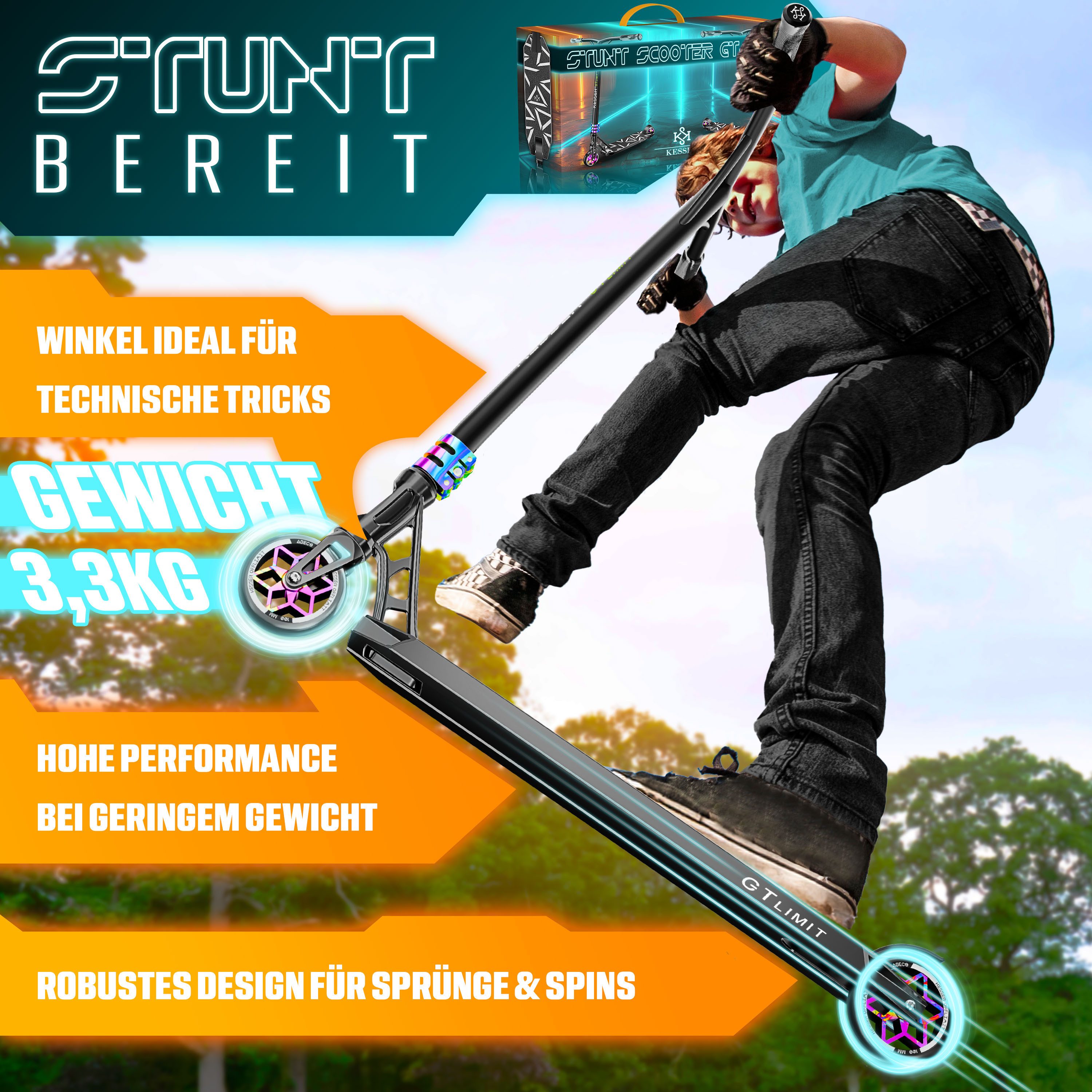 KESSER Scooter, Stuntscooter GT-Limit 360° Lenkung Funscooter Kickscooter Tretroller