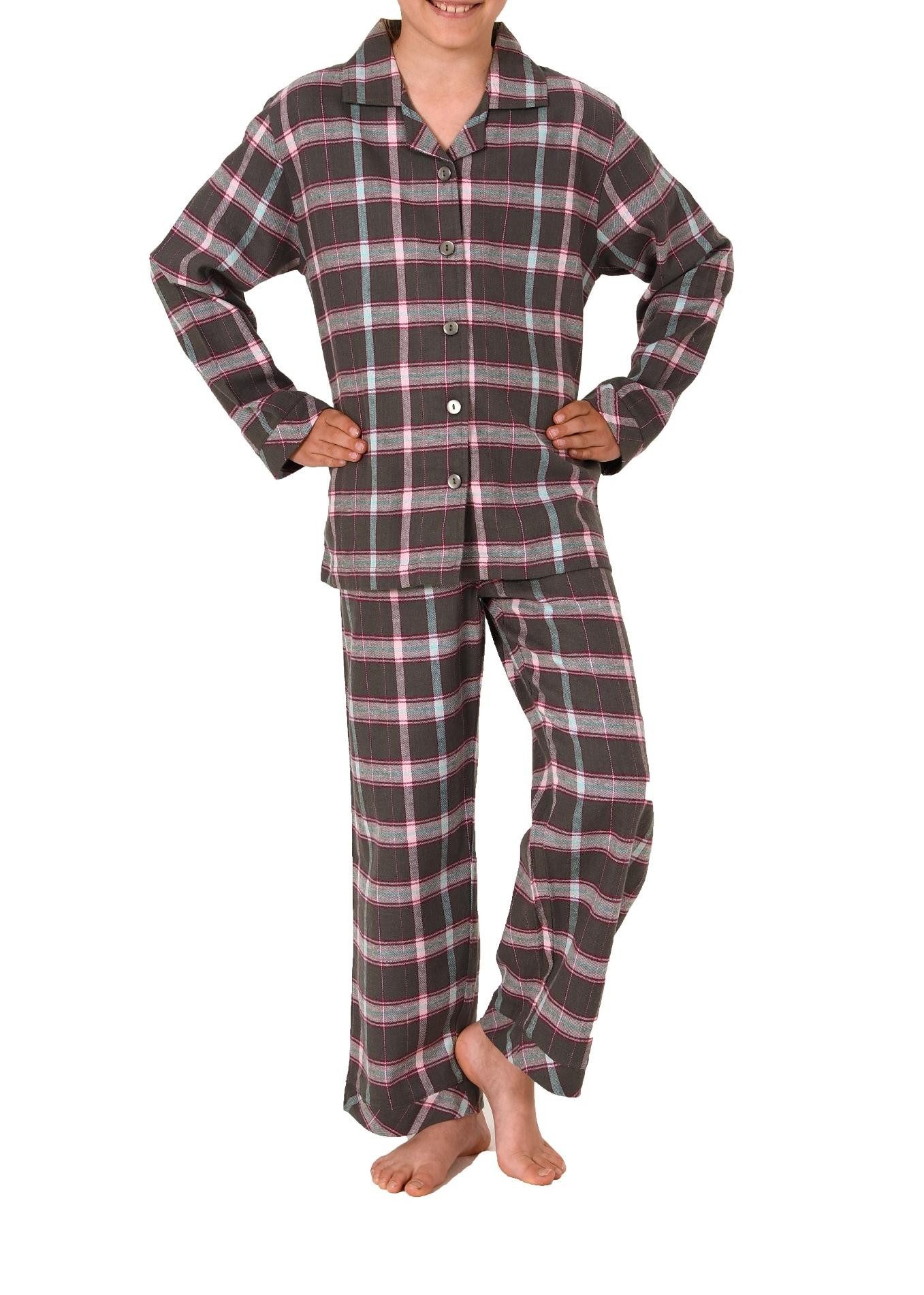 Normann Pyjama Mädchen Flanell langarm Schlafanzug in Karo Optik mit Knopfleiste
