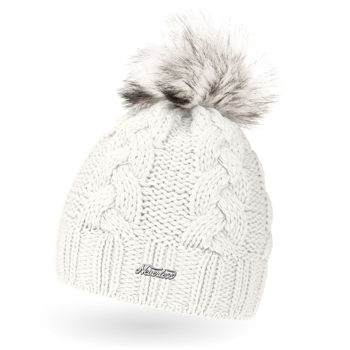 Bommelmütze Damen Strick-Mütze gefüttert Fell-Bommel Kunstfell Winter-Mütze