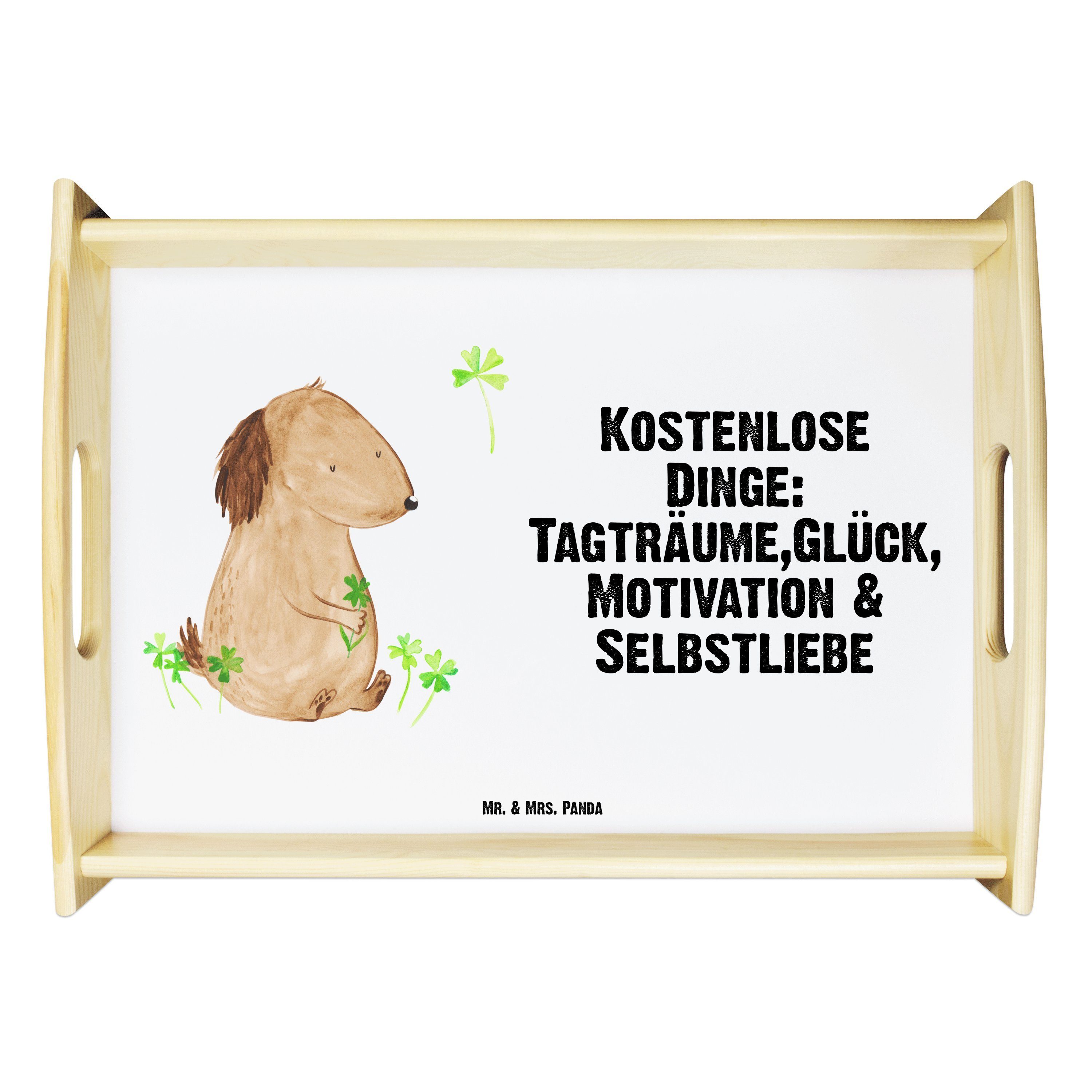 Mr. & Mrs. Panda Tablett Hund Kleeblatt - Weiß - Geschenk, Achtsamkeit, Frühstückstablett, nie, Echtholz lasiert, (1-tlg)