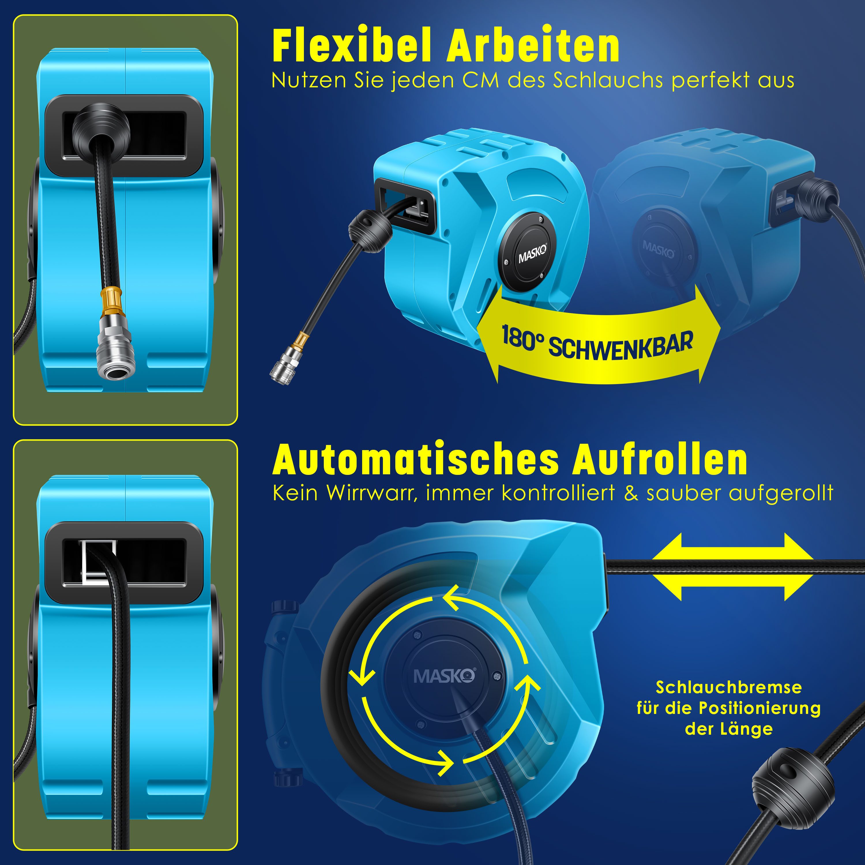 MASKO Hochdruckschlauch, Aufroller Automatik Druckluftschlauch Trommel 1/4 Anschluss Wandhalter
