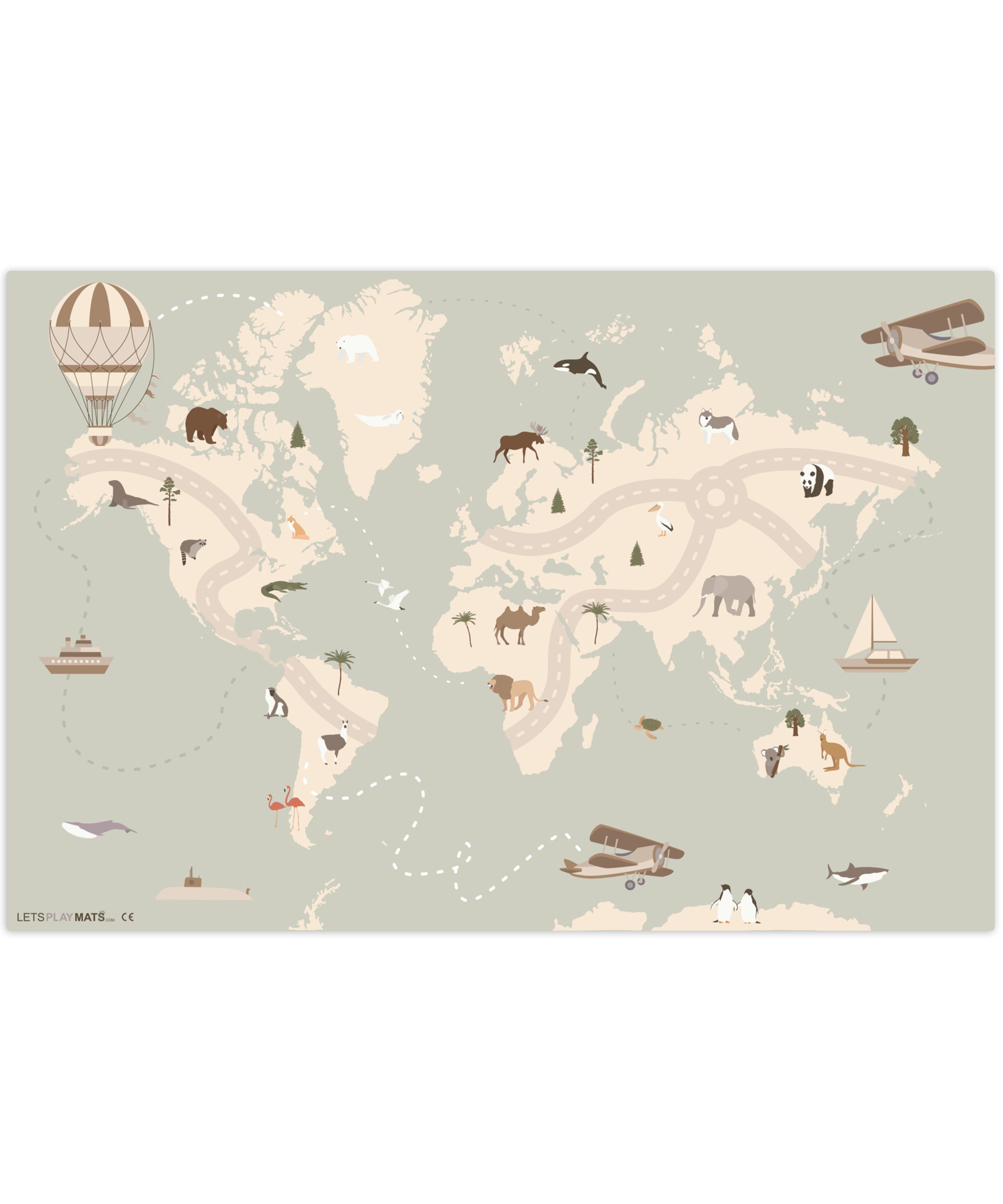 LetsPlaymats Spielmatte Weltkarte - Tiere - Flugzeug - Kind - Heißluftballon, Krabbeldecke, Jungen, Mädchen, Babymatte, Spielunterlage, 105x70 cm