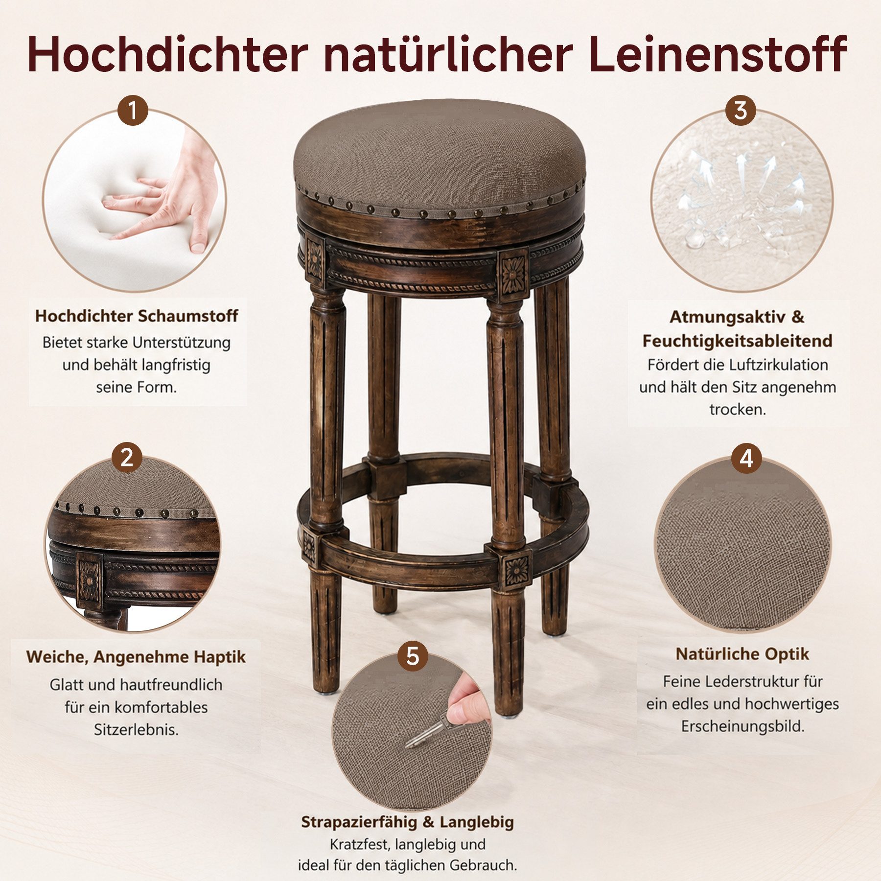 HomeMiYN Barhocker L38 CM Rund Schaumstoff-Sitz Retro Holz Barstühle/Sitzhocker (2 St), Barhocker Holz im Vintage Design, gepolsterter Sitz, für Küche & Bar – Bild 3 von 5