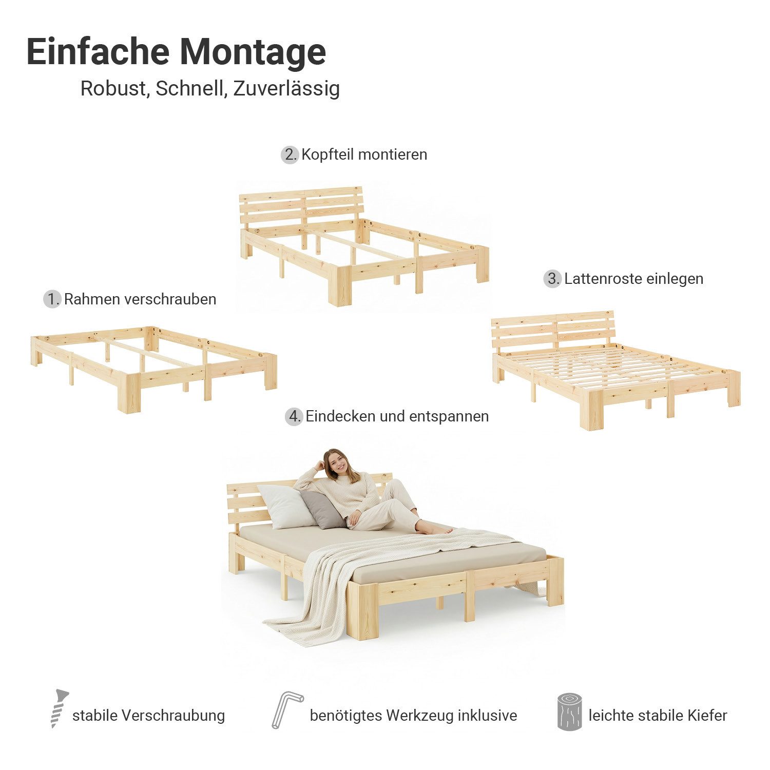 Homestyle4u Massivholzbett 90x200 120x200 140x200 160x200 180x200 Doppelbett Kopfteil Lattenrost (Set, mit Lattenrost, Braun), 160x200, modern, stabil