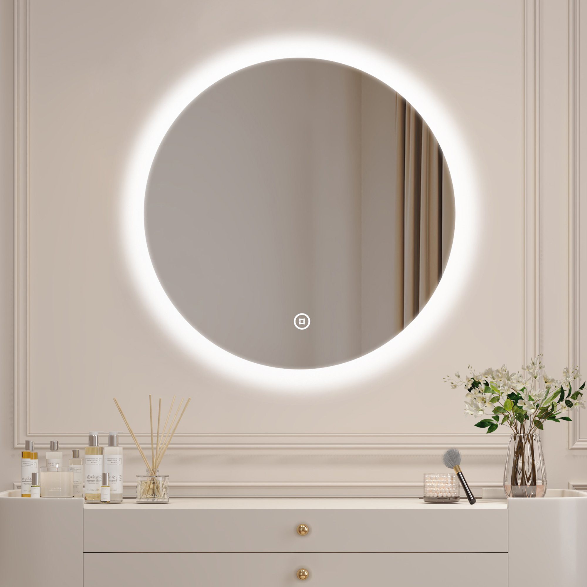 WDWRITTI Schminkspiegel Kosmetikspiegel mit LED beleuchtung Rund 60cm Wandmontage (Wandspiegel Badspiegel, Touch, Wandschalter), 3000/4000/6500K, Helligkeit dimmbar, Memory
