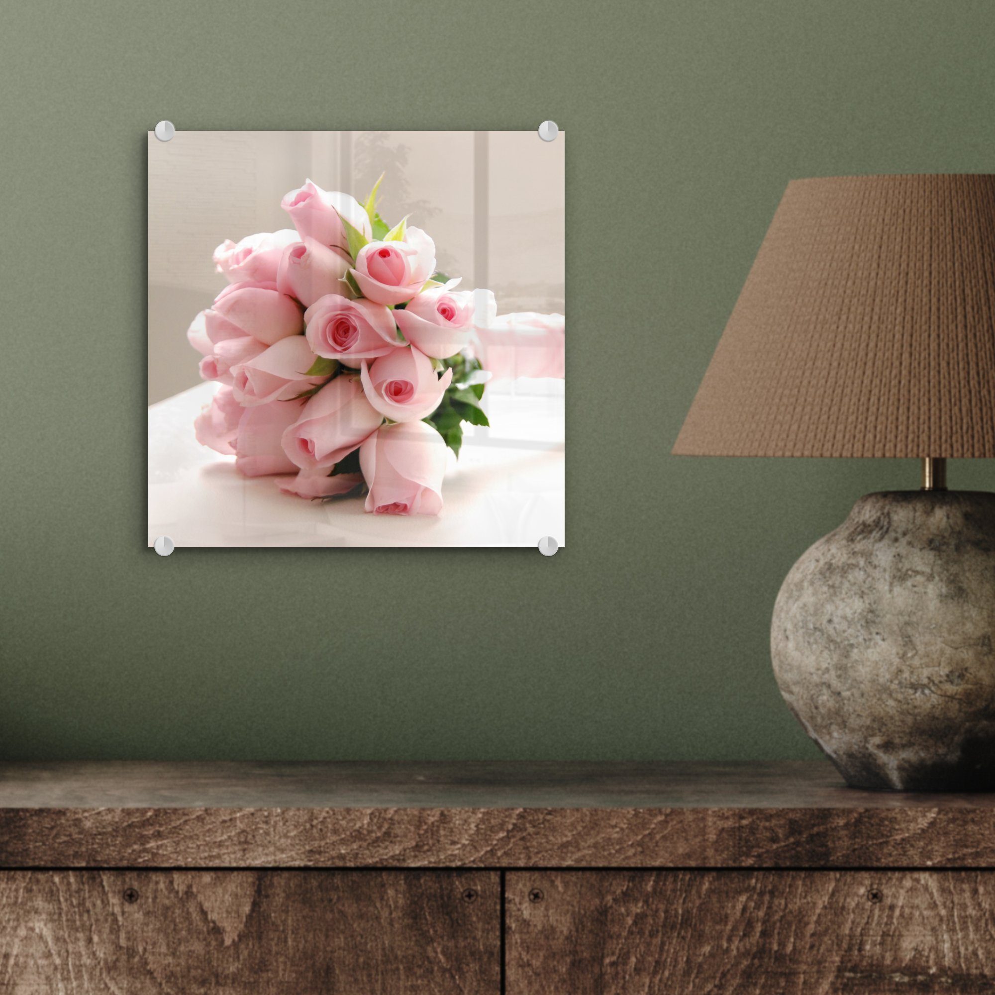 Ein Foto Glasbilder (1 weißen einem - St), Acrylglasbild - Tisch, - Glas Bilder auf Wandbild auf auf rosa MuchoWow Glas Rosen aus Wanddekoration Blumenstrauß