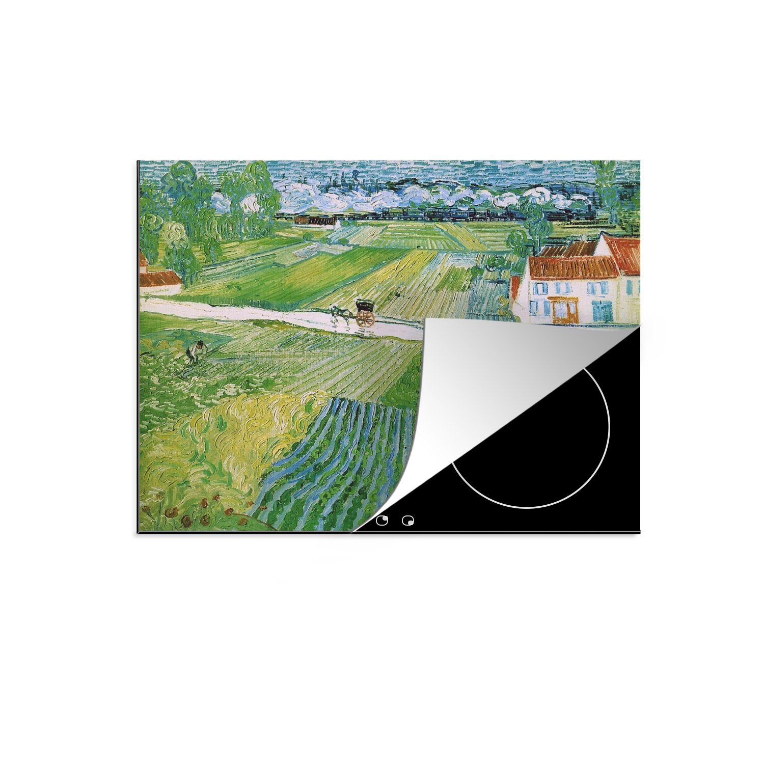 MuchoWow Herdblende-/Abdeckplatte Landschaft mit - für cm, Gogh, Schutz (1 tlg), küche, Induktionskochfeld van die Kutsche und Vinyl, Zug Vincent 71x52 Ceranfeldabdeckung
