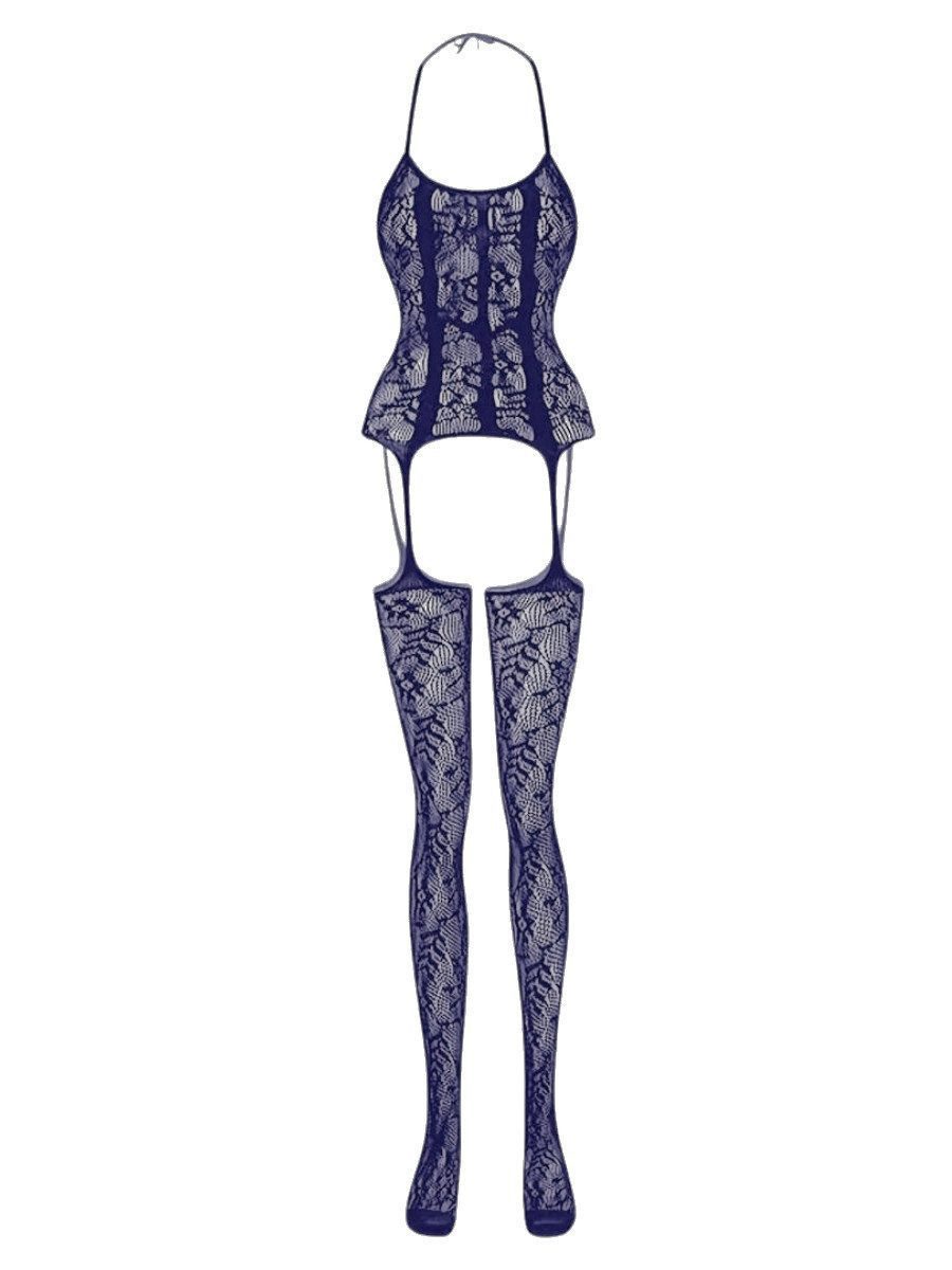 Elegant Love Bodystocking-Ouvert Catsuit schrittoffen – elastischer Damen Bodysuit, sexy Reizwäsche Halterneck-Strumpfbody mit integrierten Strapsen – Valentinstag-Look