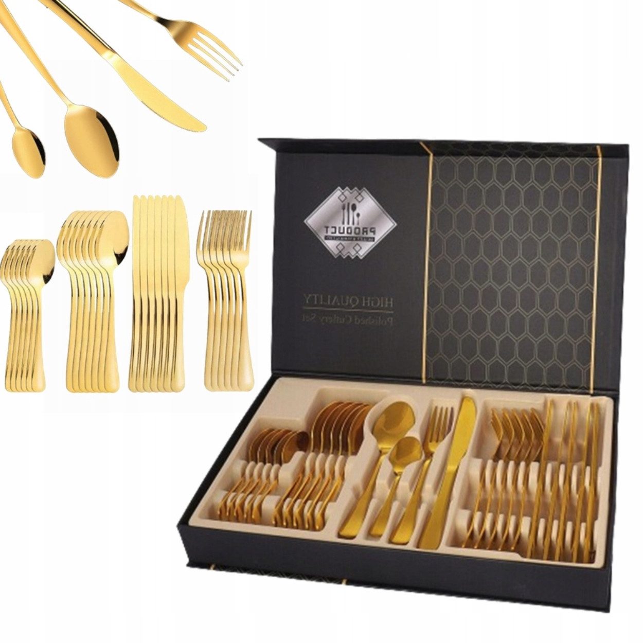 Hard-er Besteck-Set 24-teilig für 6 Personen aus Edelstahl in Gold mit Geschenkbox, 6 Personen, Edelstahl, für Alltag, Feiern, Picknick und Catering geeignet