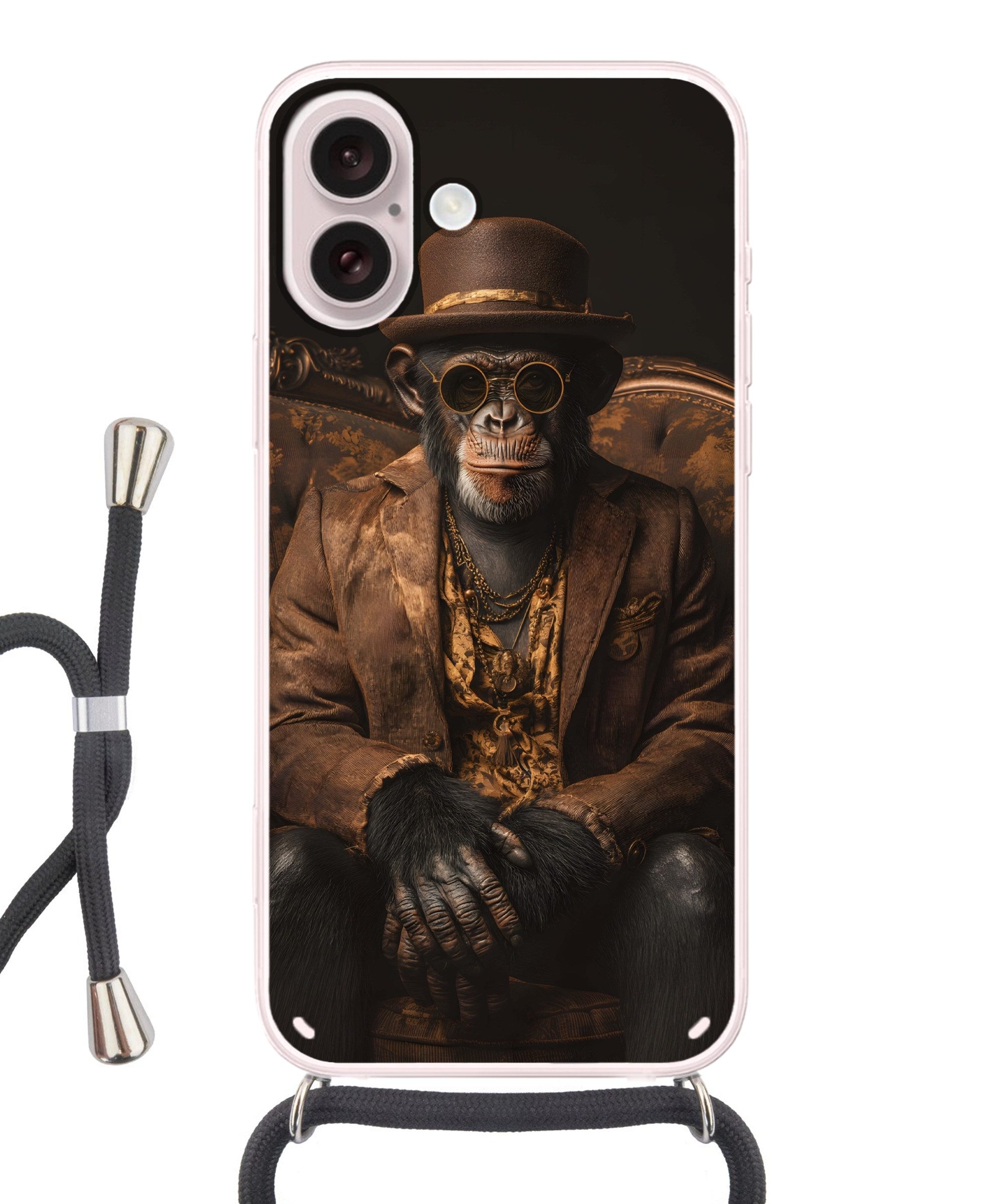 MuchoWow Handyhülle für Apple iPhone 16 Schimpanse - Stuhl - Anzug - Braun, Tragbare Handyhüllen mit Kette zum umhängen, Handykette Handyband