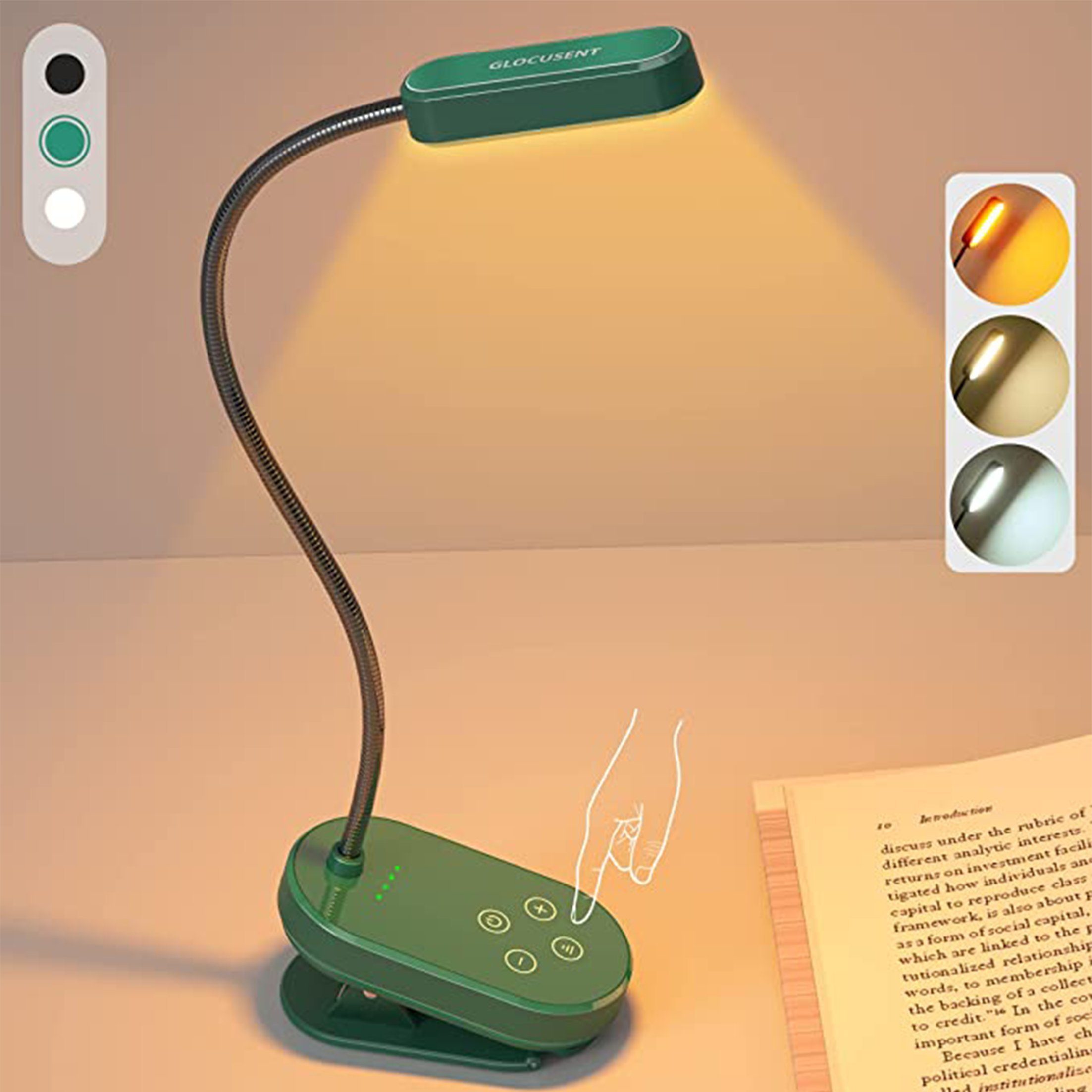 Schreibtischlampe Grün LED LANOR Lampe,Buchlicht,LED-Mini-Clip-On-Buchlicht,wiederaufladbar,Augenschutz