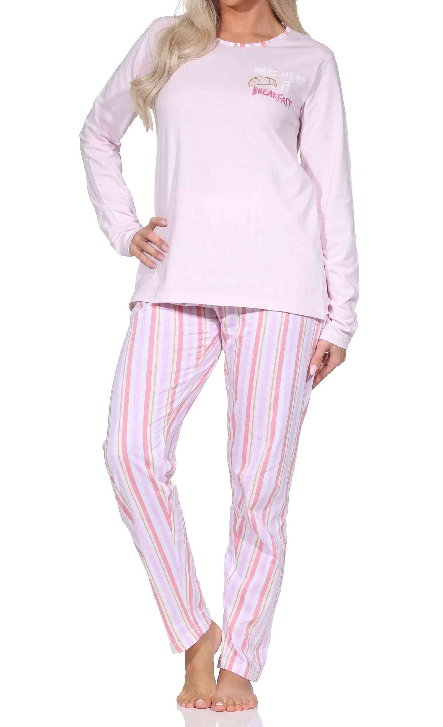 Normann Pyjama Normann Damen langarm Schlafanzug mit Pyjamahose in Streifenoptik