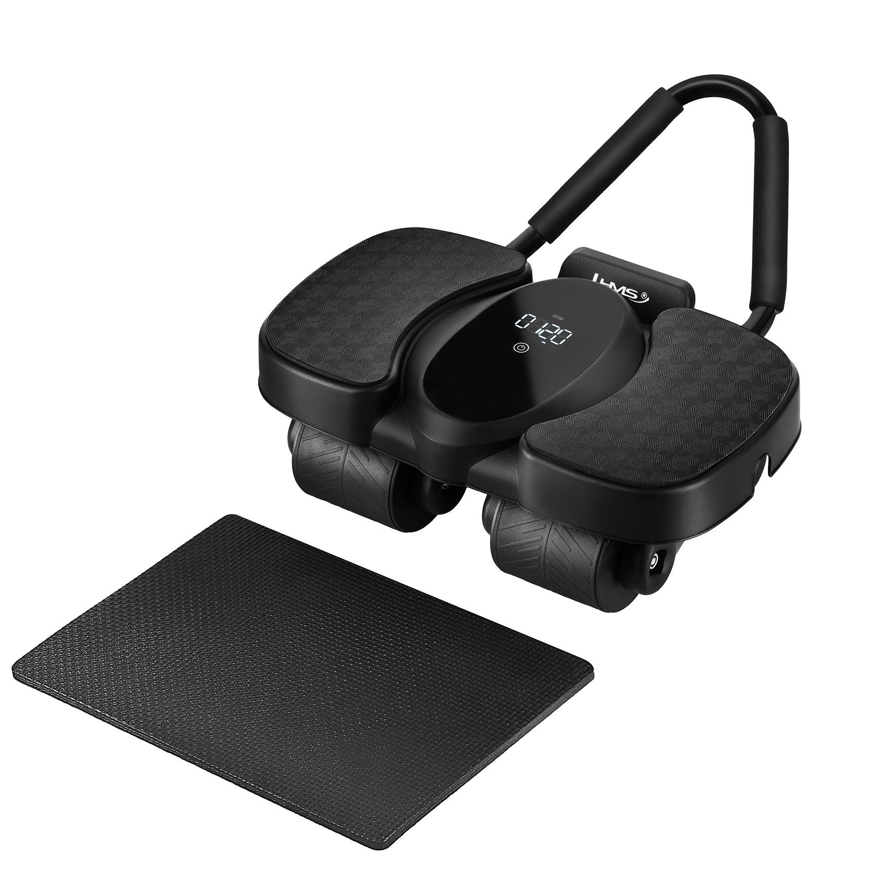 HMS Bauchtrainer Bauchroller Bauchmuskeltrainer Fitnessrad (Spar-Set, 1-St., 43 x 41 x 24 cm stabil), 4 Räder, autom. Rücklauf, LCD-Zähler, USB-C, Handyhalter
