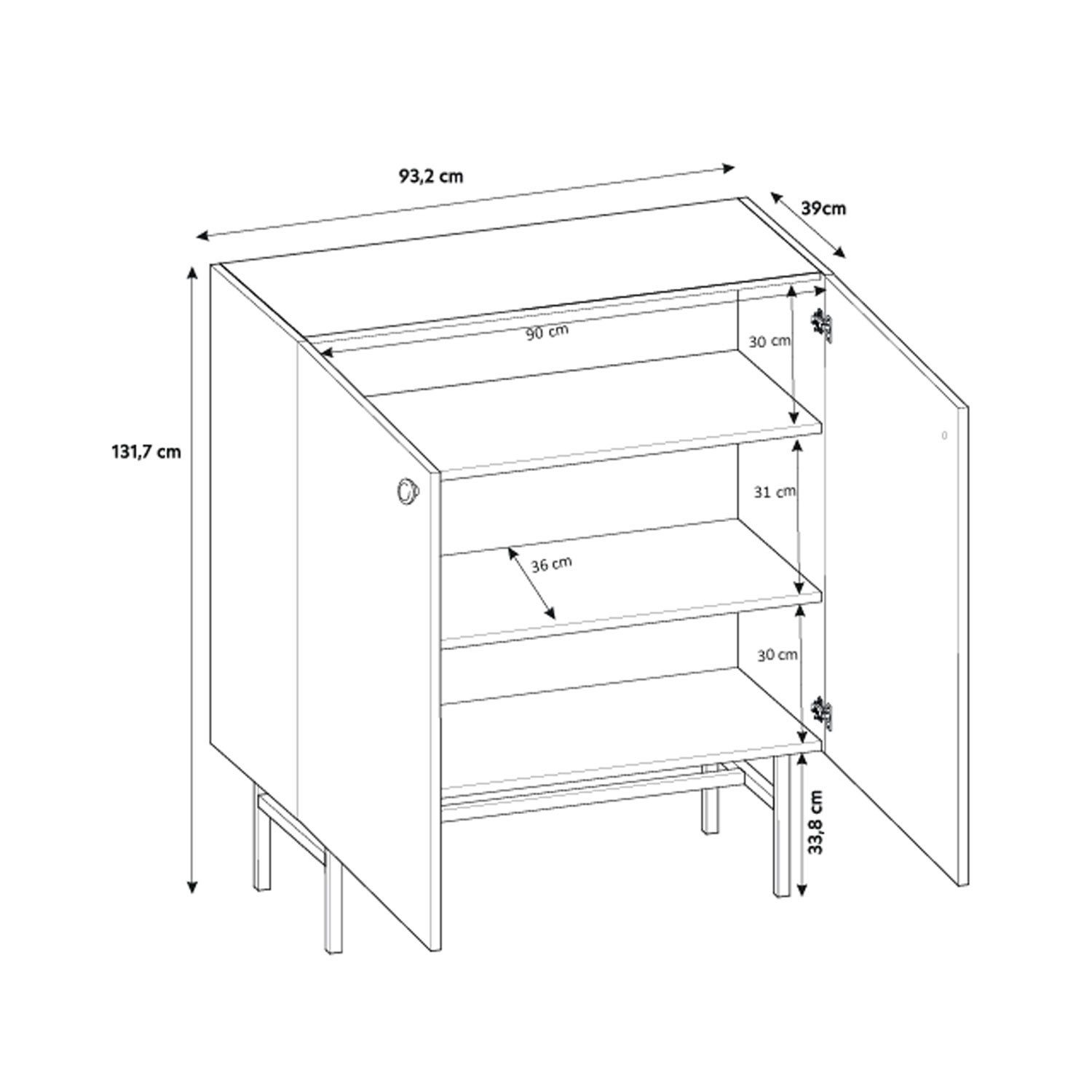 ALLHOUSE24 Hochkommode ART -132 Highboard Kommode Metallgriffe und -füße, Breite: 93,2 cm, Höhe: 131,7 cm, Tiefe: 39 cm