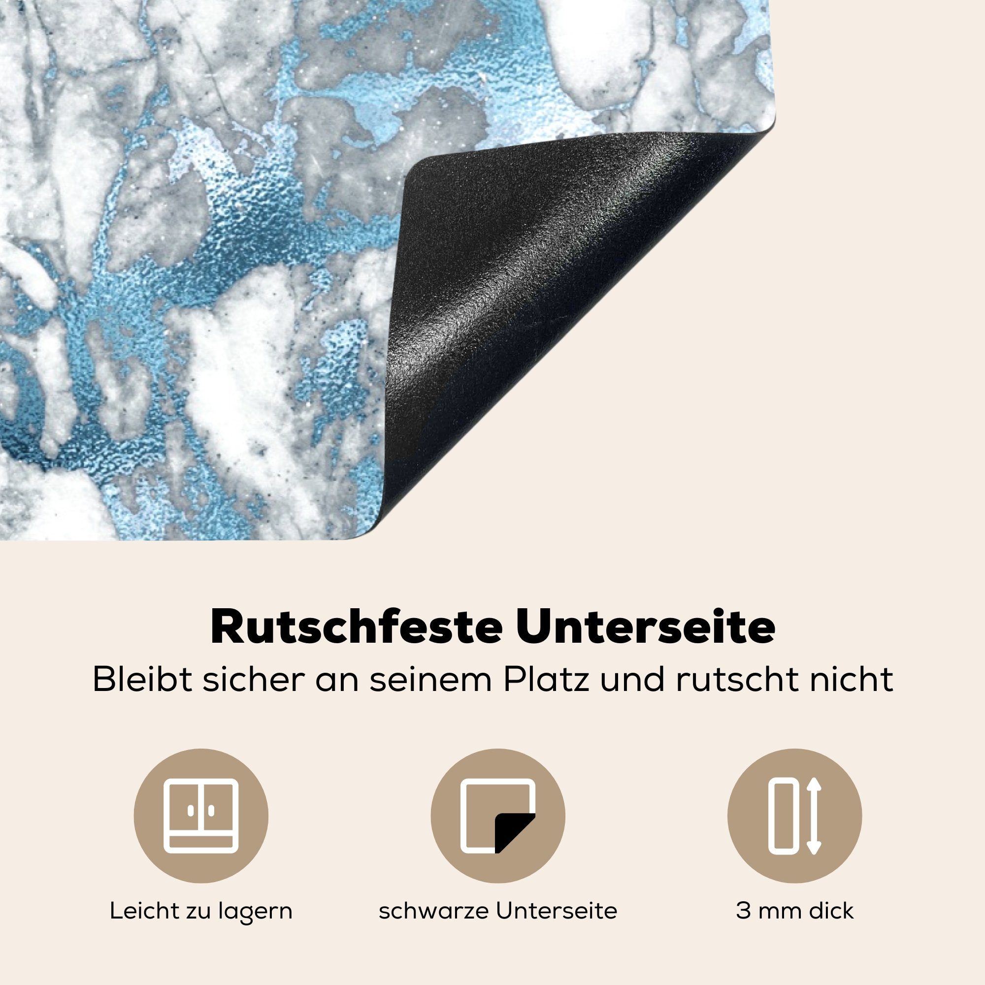 Luxus Silber 81x52 tlg), küche, Induktionskochfeld (1 die MuchoWow - Blau, Vinyl, für Marmor - cm, Schutz Ceranfeldabdeckung Herdblende-/Abdeckplatte -