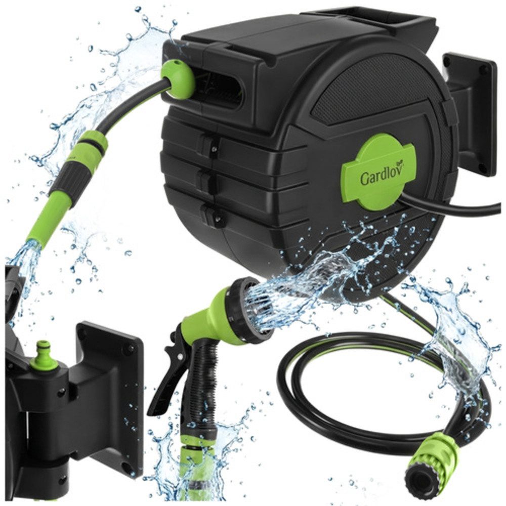 Gardlov Gartenschlauch Gartenschlauchtrommel Gartenschlauchaufroller, Ausgelegt für bis zu 6 bar Druck, (Spar-Set, 7 Modis), 2m Anschlussleitung, Wandhalterung, Spritze und Montagematerial