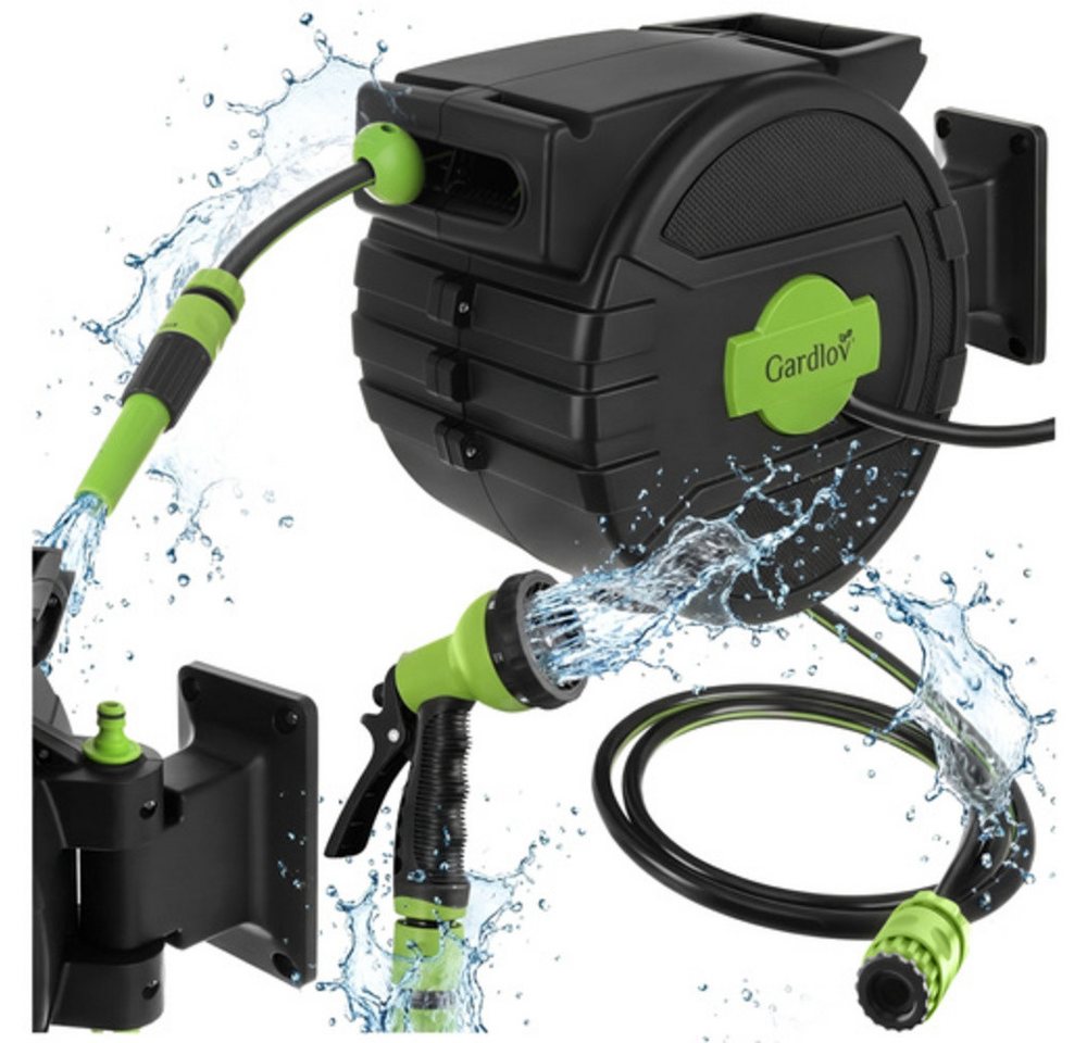 Gardlov Gartenschlauch Gartenschlauchtrommel Gartenschlauchaufroller, Ausgelegt für bis zu 6 bar Druck, (Spar-Set, 7 Modis), 2m Anschlussleitung, Wandhalterung, Spritze und Montagematerial
