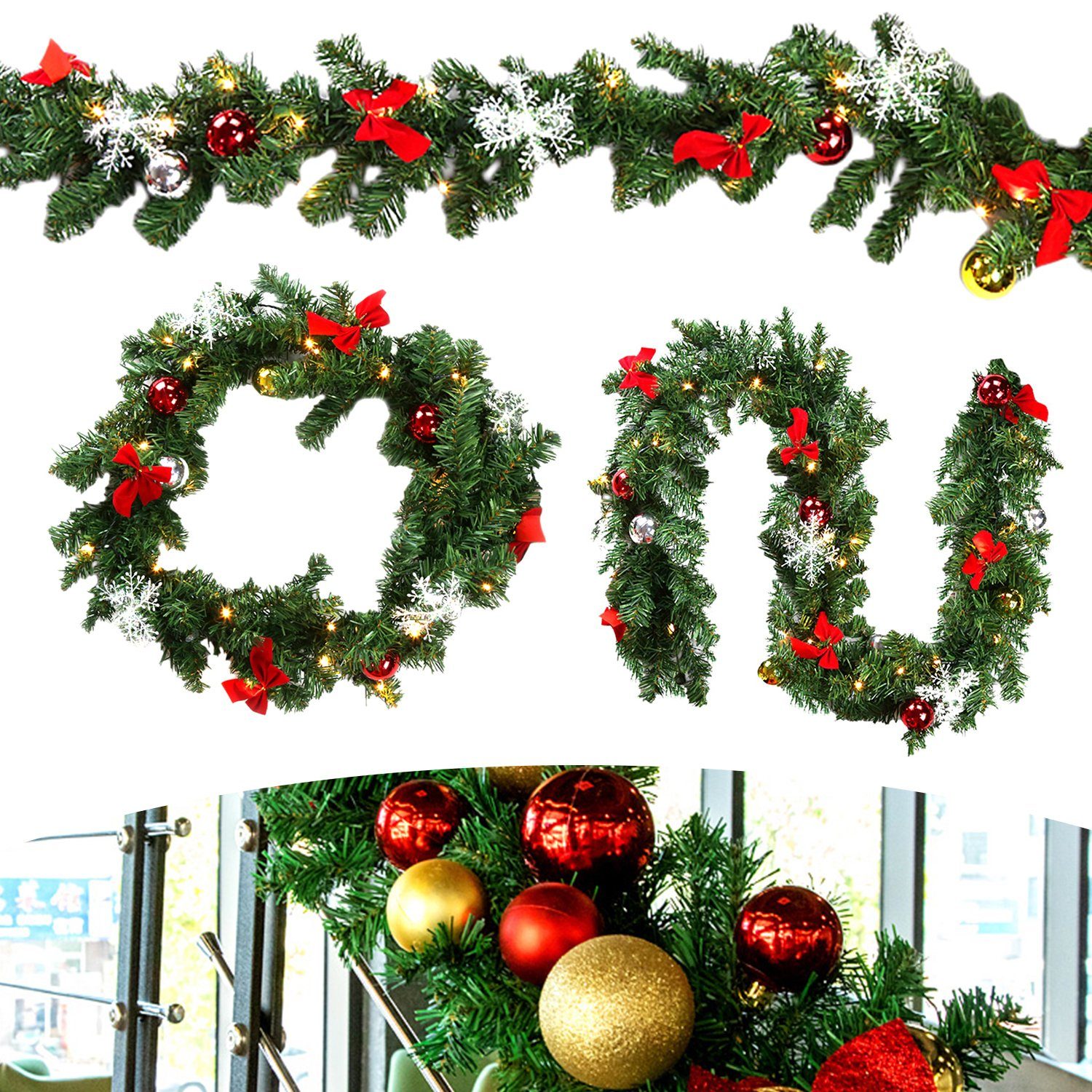 Kunstgirlande Christbaumschmuck, 2x Weihnachtsgirlande 5m,Tannengirlande  mit 100 LED warmweiß inkl.Deko. Girlande Weihnachten Innen Außen Treppen  Kamine Weihnachten,Festgirlanden, Clanmacy