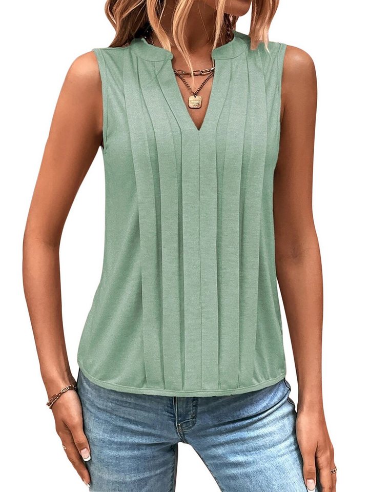 DEBAIJIA Kurzweste Damen Tank Top Plissee V-Ausschnitt Ärmellos T-Shirt Sommer Elegant