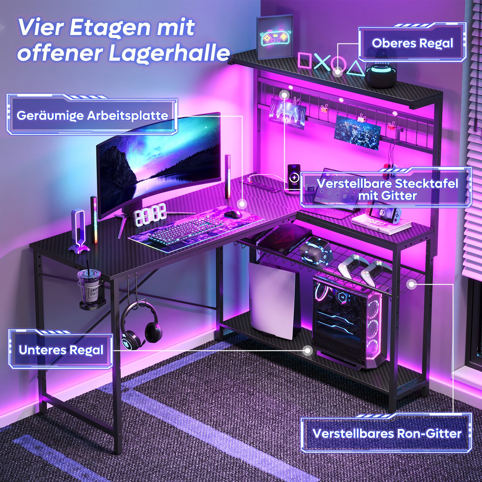 Bestier Gamingtisch L-förmiger Gamingtisch mit LED-Beleuchtung (Reversibler Schreibtisch, 1 Tisch), Jugendschreibtische mit Haken & USB