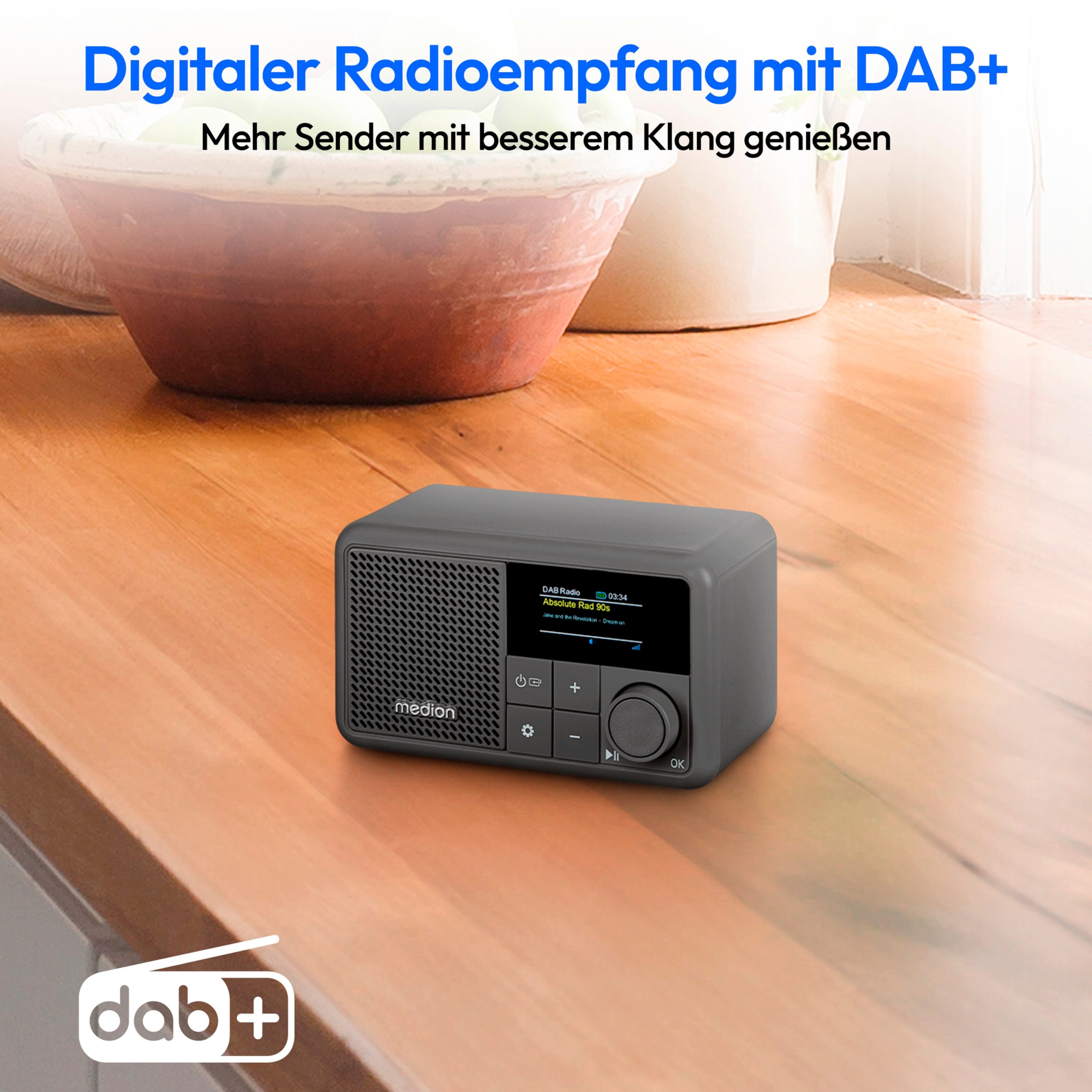 Medion® Tragbares DAB+ Radio MEDION® LIFE® S66822 (MD44822) Radio (MW/UKW, AM/FM, DAB+, RDS, 2 W, ca. 6,5 Akkulaufzeit, Farb-TFT-Display, Bluetooth® 5.3, IPX1-Schutz)