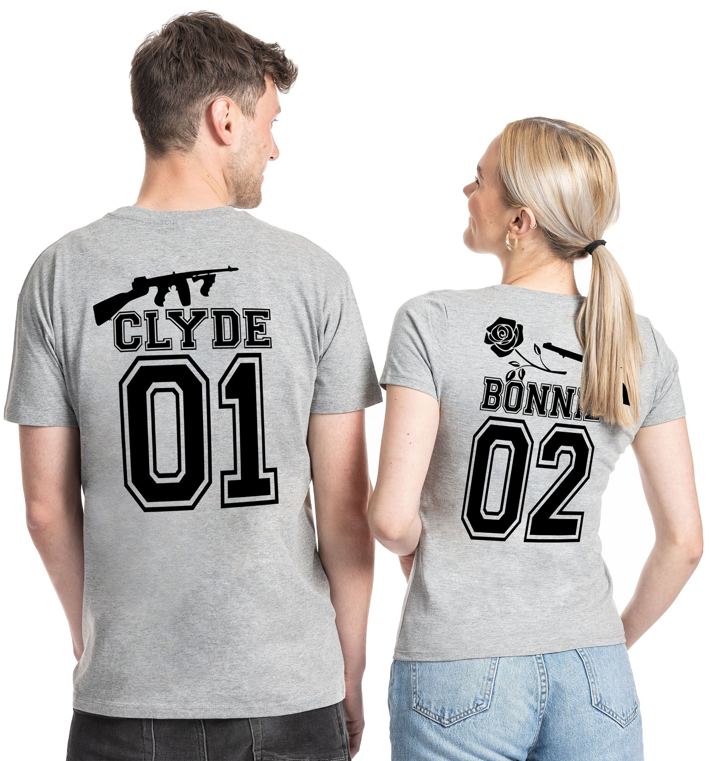 Couples Shop T-Shirt Gangster Paar Fun T-Shirt mit modischem Print CLYDE / Grau