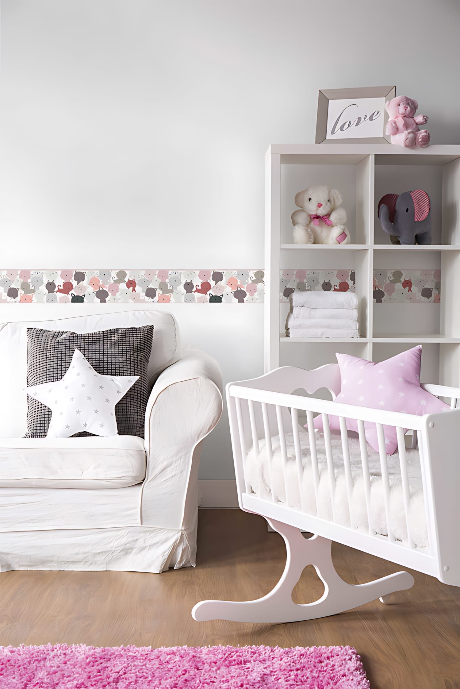 Profhome Bordüre 403741-GU Tiermotiv Tapete Kindertapete matt rosa grau weiß 0,75 m2, leicht strukturiert, matt, (1 Rolle, 0,75 qm), selbstklebende Bordüre in pink