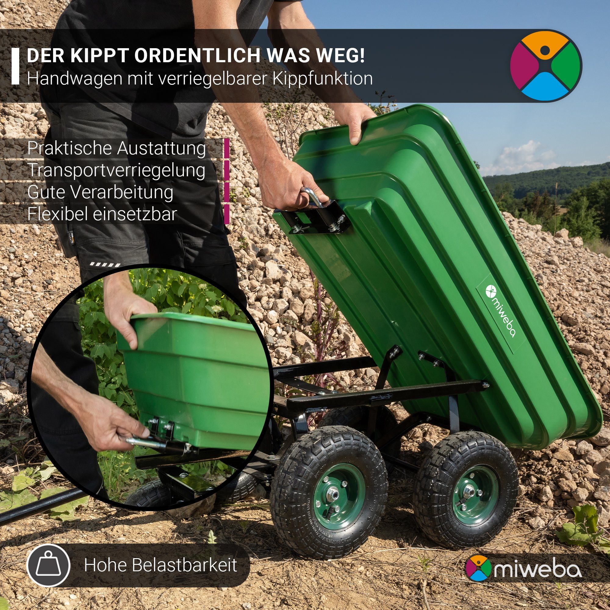 miweba Bollerwagen Gartenwagen Transportkarre Dumper (300 kg Zuladung - Kippverriegelung - 75 L Volumen - Kippfunktion - Doppelachse, 1-tlg., deichselgeführte Lenkachse - Anhängerfunktion - Luftreifen), Transportwagen - Gartenkarre- Gartenwagen - Schubkarre