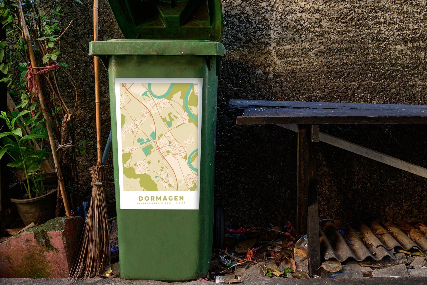 Karte - Sticker, - Abfalbehälter Mülltonne, MuchoWow (1 St), Mülleimer-aufkleber, Container, Dormagen Vintage Stadtplan Wandsticker -
