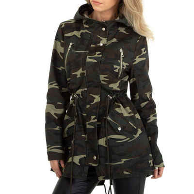 Ital-Design Steppjacke Damen Freizeit Kapuze Camouflage Übergangsjack in Dunkelgrün