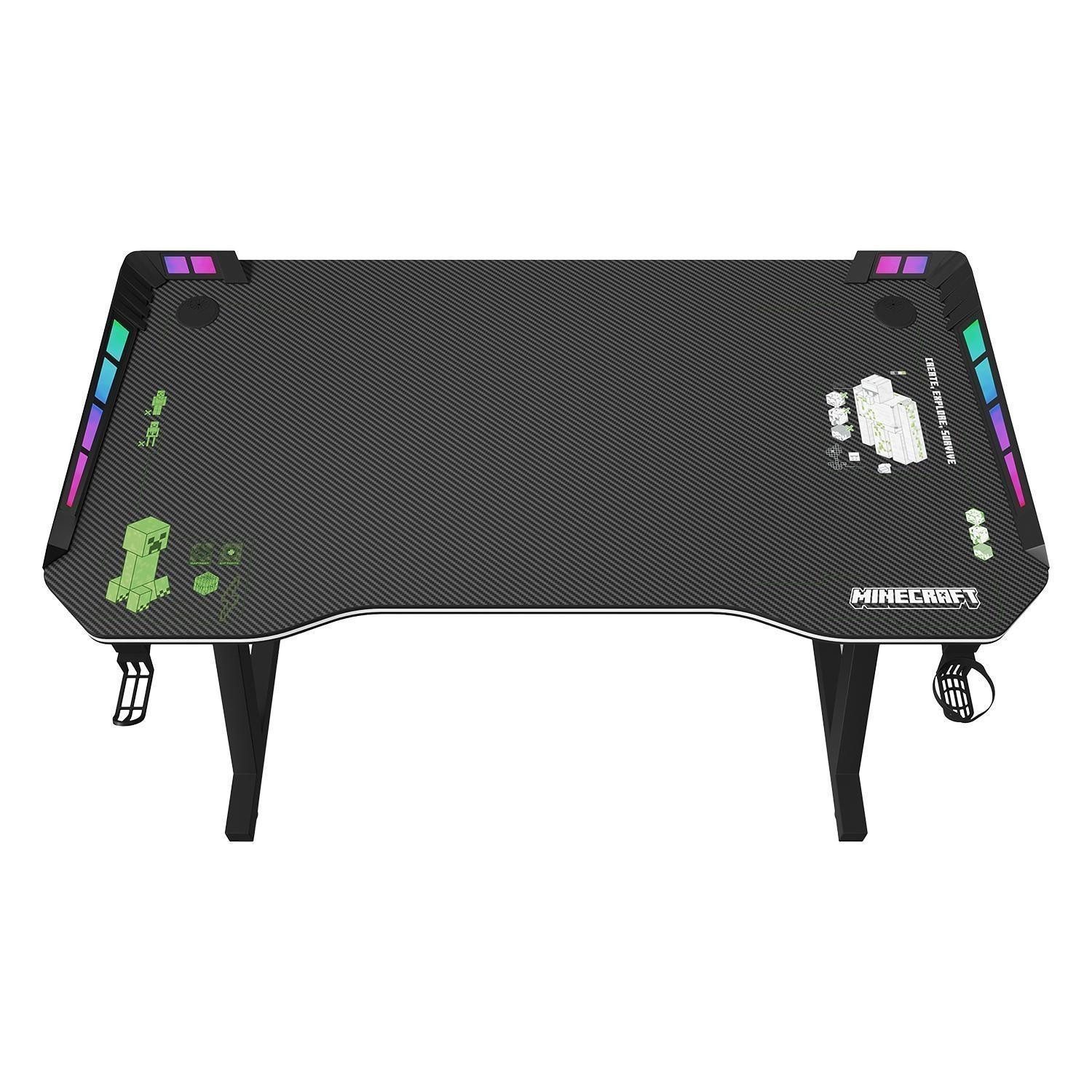 Gamingtisch MINECRAFT, Schwarz, Metall, LED-RGB-Beleuchtung, Kabeldurchführung, B 120 x H 74 x T 60 cm