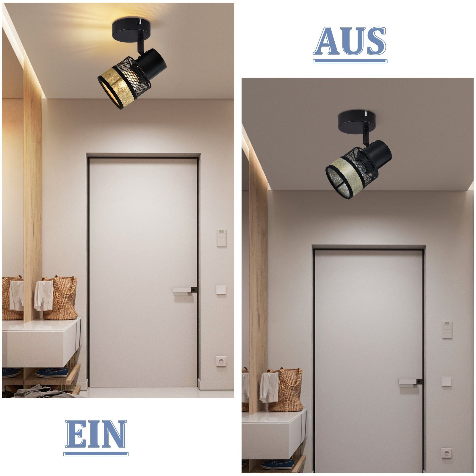 Nettlife Deckenstrahler 1/2/3/4 Flammig Schwarz Vintage E27 Flur Metall Deckenleuchte, 330°Drehbar, LED wechselbar, für Wohnzimmer Schlafzimmer Küche Treppe Esszimmer