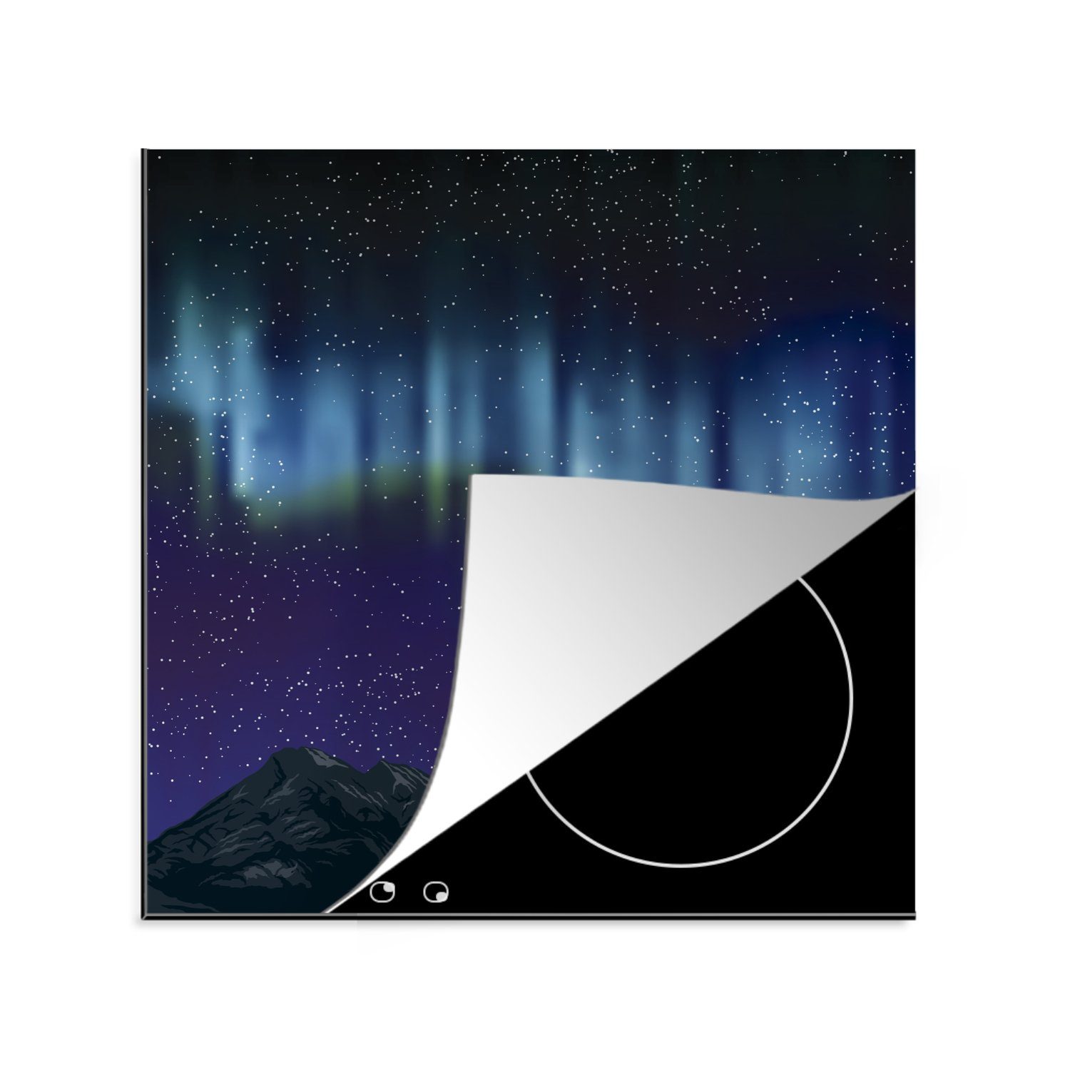 MuchoWow Herdblende-/Abdeckplatte Eine Illustration des Nordlichts über einem Berggipfel, Vinyl, (1 tlg), 78x78 cm, Ceranfeldabdeckung, Arbeitsplatte für küche