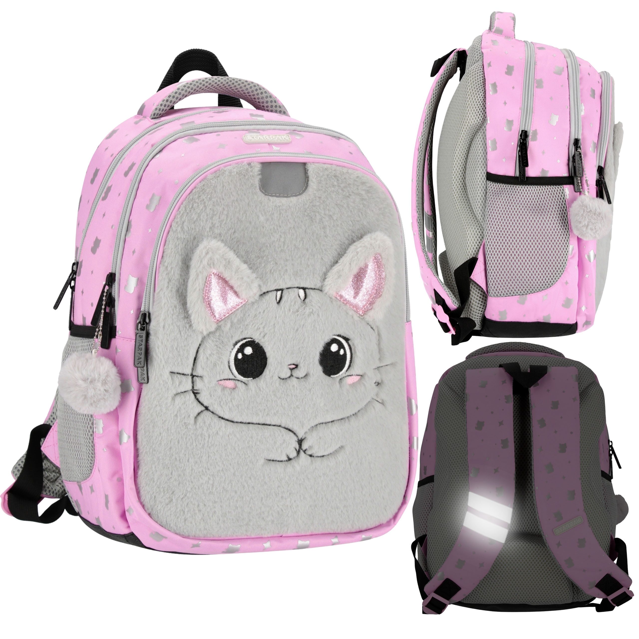 Sarcia.eu Schulrucksack Rosa Schulmädchen-Rucksack 3 Fächer mit Reflektoren Katze 40x29x20 cm
