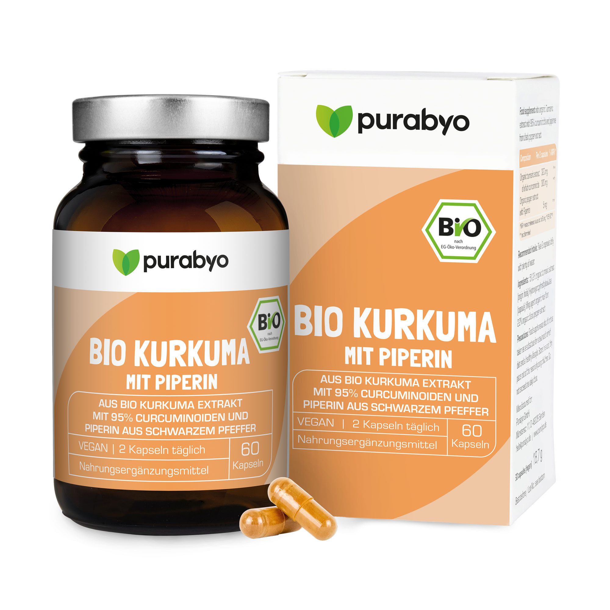 Purabyo BIO Kurkuma Extrakt Kapseln, hochdosiert, mit Bio Pfeffer, im Glas Kapseln, 60 er 60 St., 18.7 g