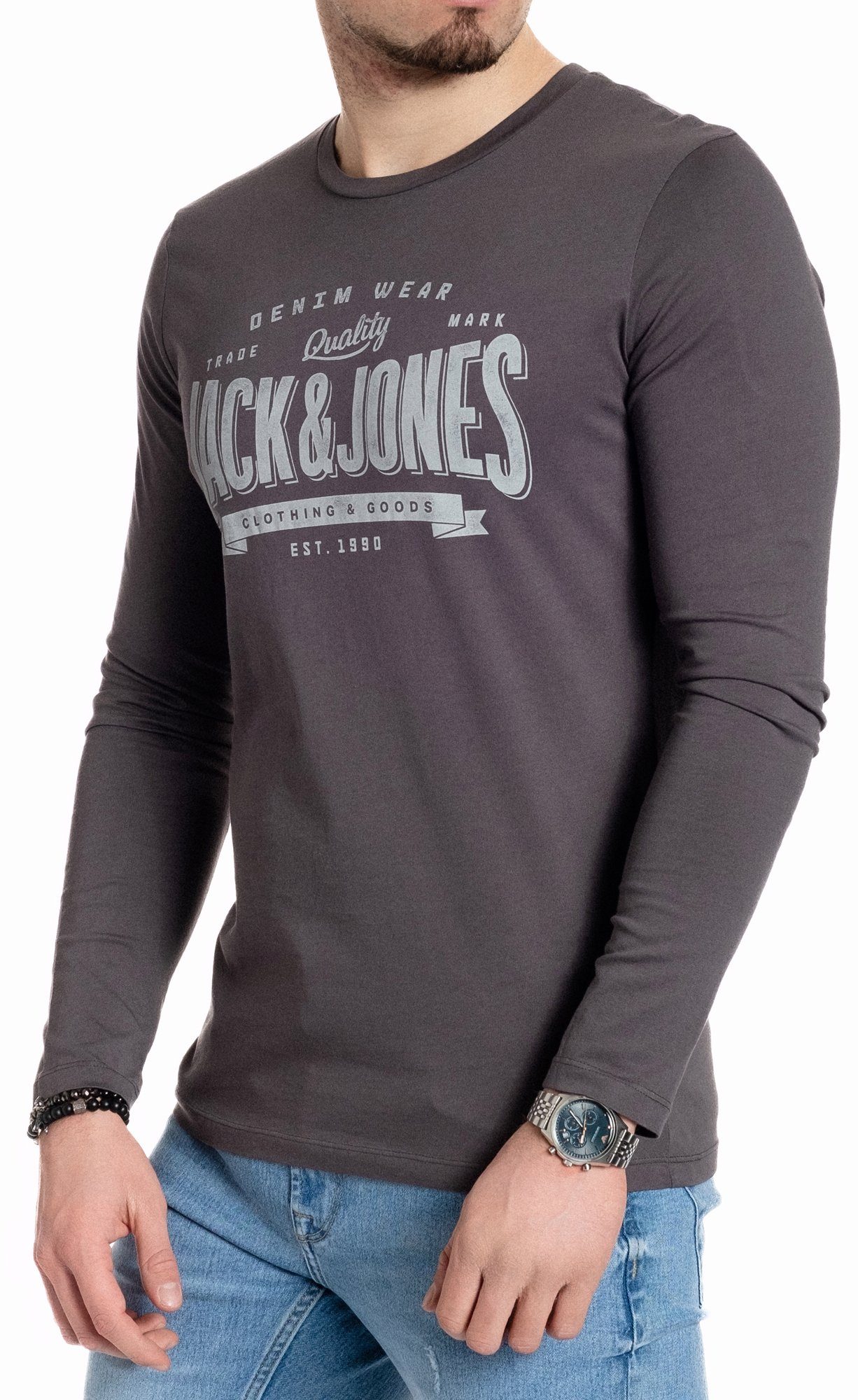 Baumwolle, & mit vorne Jones Asphalt-Grey Jack Langarmshirt Print aus