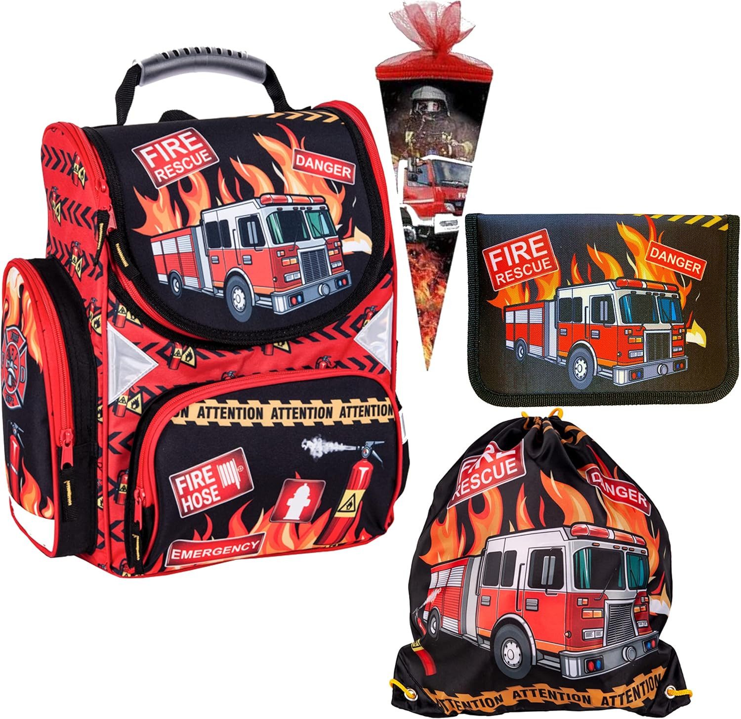 GOLDKIDS Schulranzen Feuerwehr Firefighters Grundschule (ergonomischer Ranzen Federmappe, 1-tlg., Federtasche Federmäppchen ohne), Inhalt Turnbeutel Zuckertüte 4er Set Fire