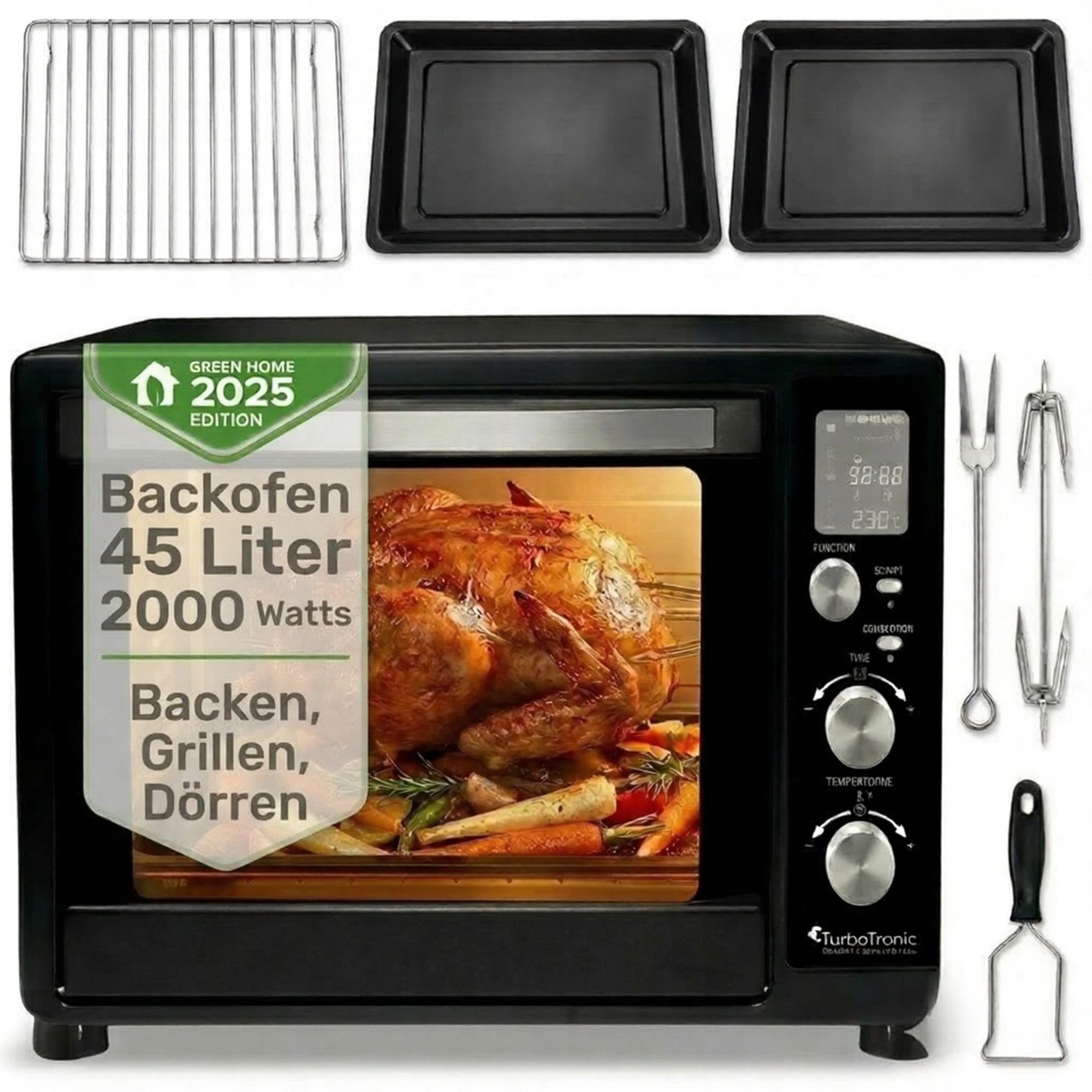 TurboTronic by Z-Line Minibackofen 45 L mit Umluft Drehspieß 2000W 2x Backblech Gitter Kompakt Elektro, Mini Tisch Backofen Camping Pizzaofen Digital