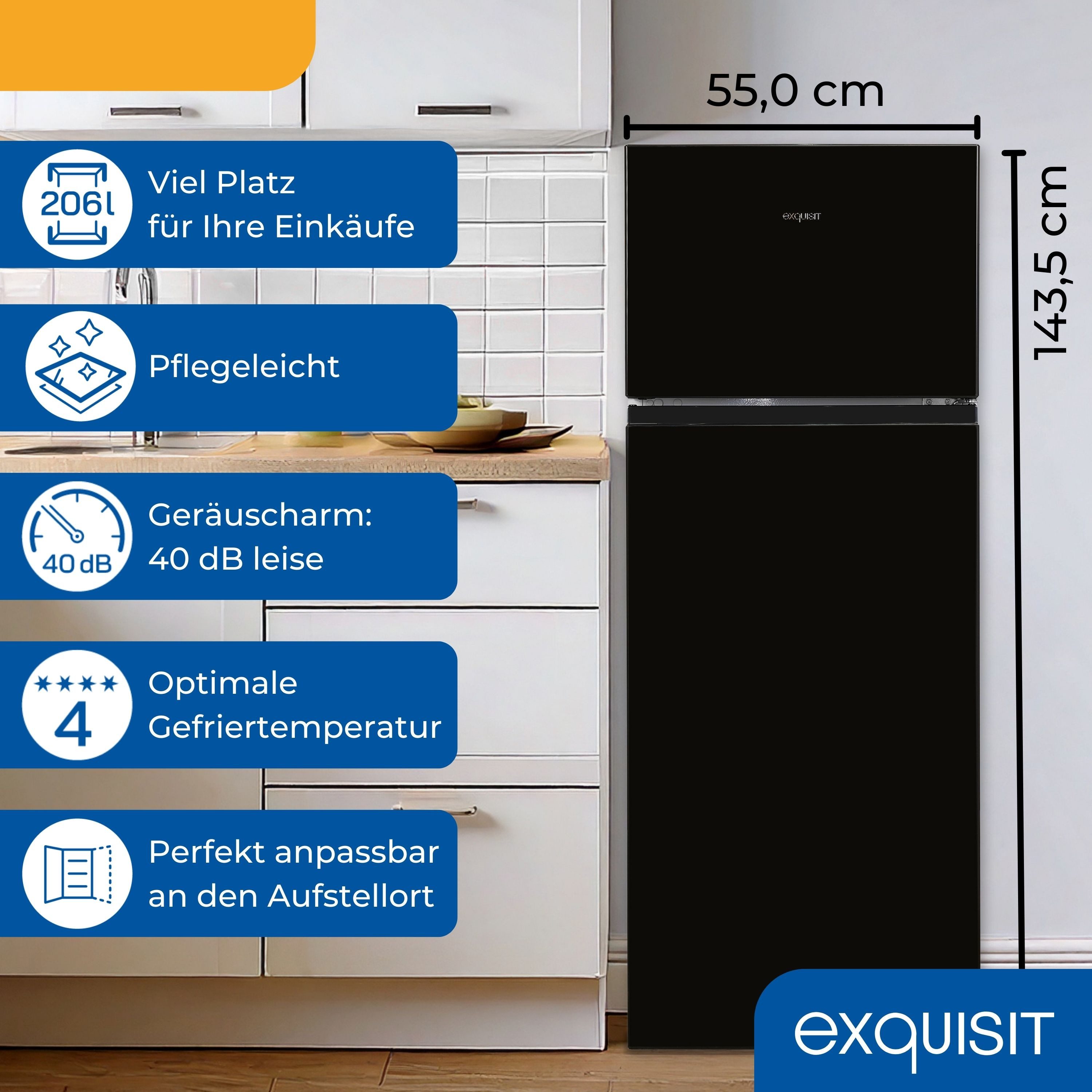 exquisit Kühl-/Gefrierkombination KGC5270-45-010E, 143.5 cm hoch, 55 cm breit, 4-Sterne-Gefrieren, Türanschlag wechselbar, LED-Innenbeleuchtung